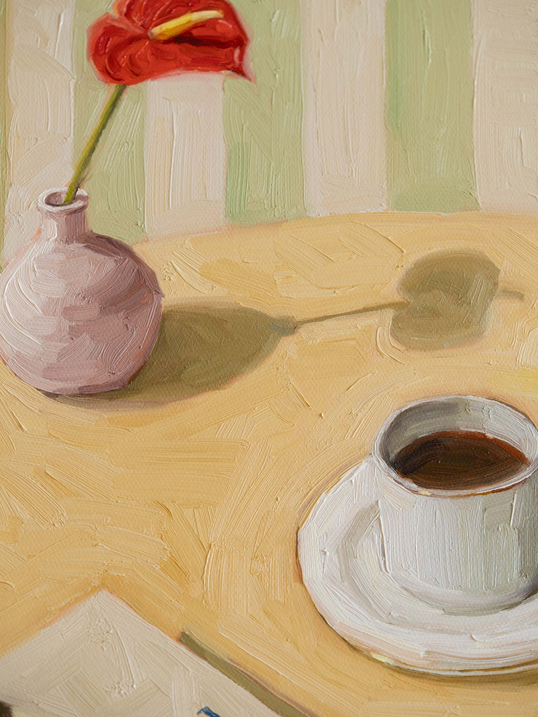 Hand-painted oil still life of coffee, moka pot, dessert, and book on linen canvas