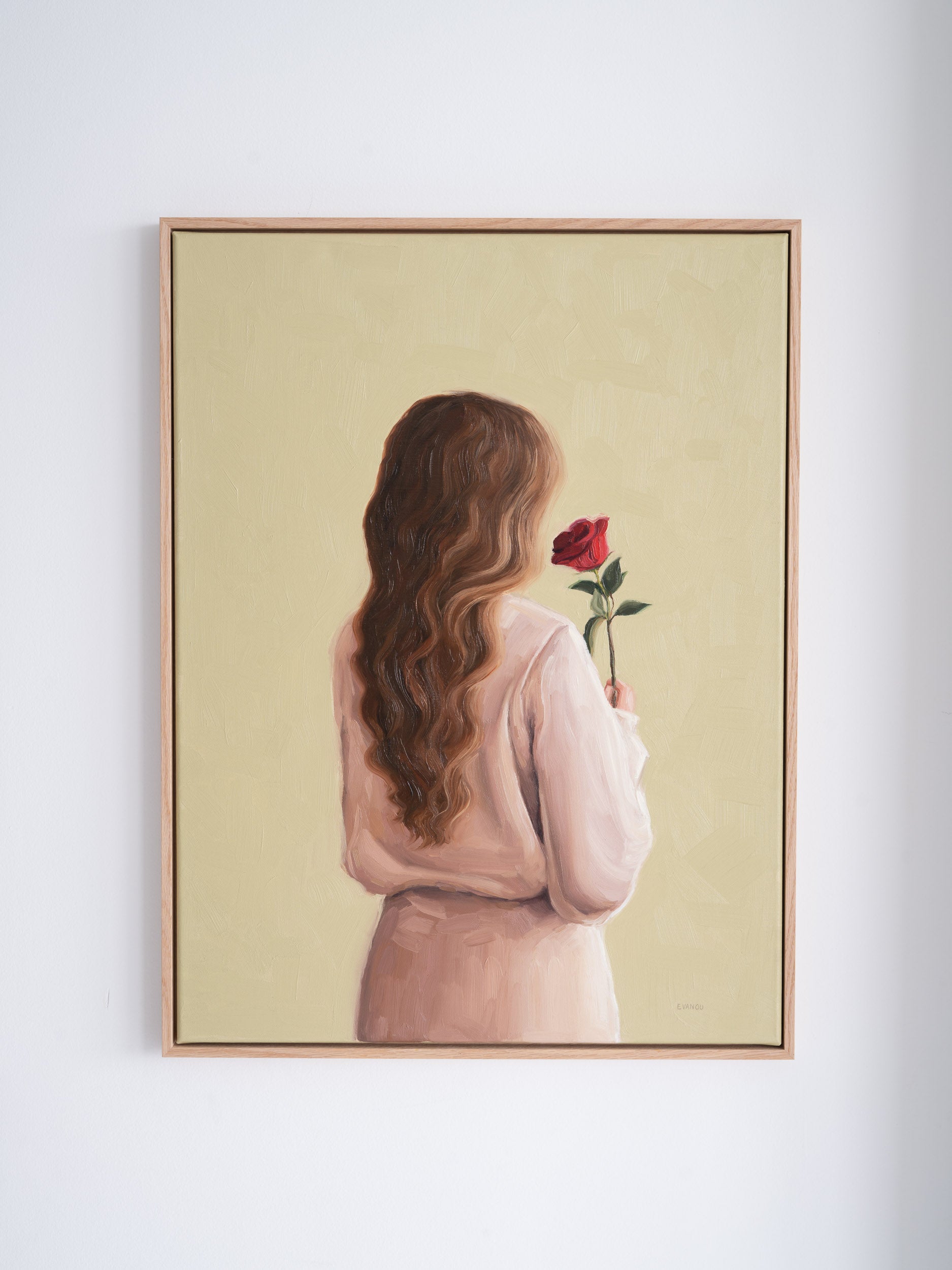 Oil Painting "Girl With A Rose" framed in oak floating frame