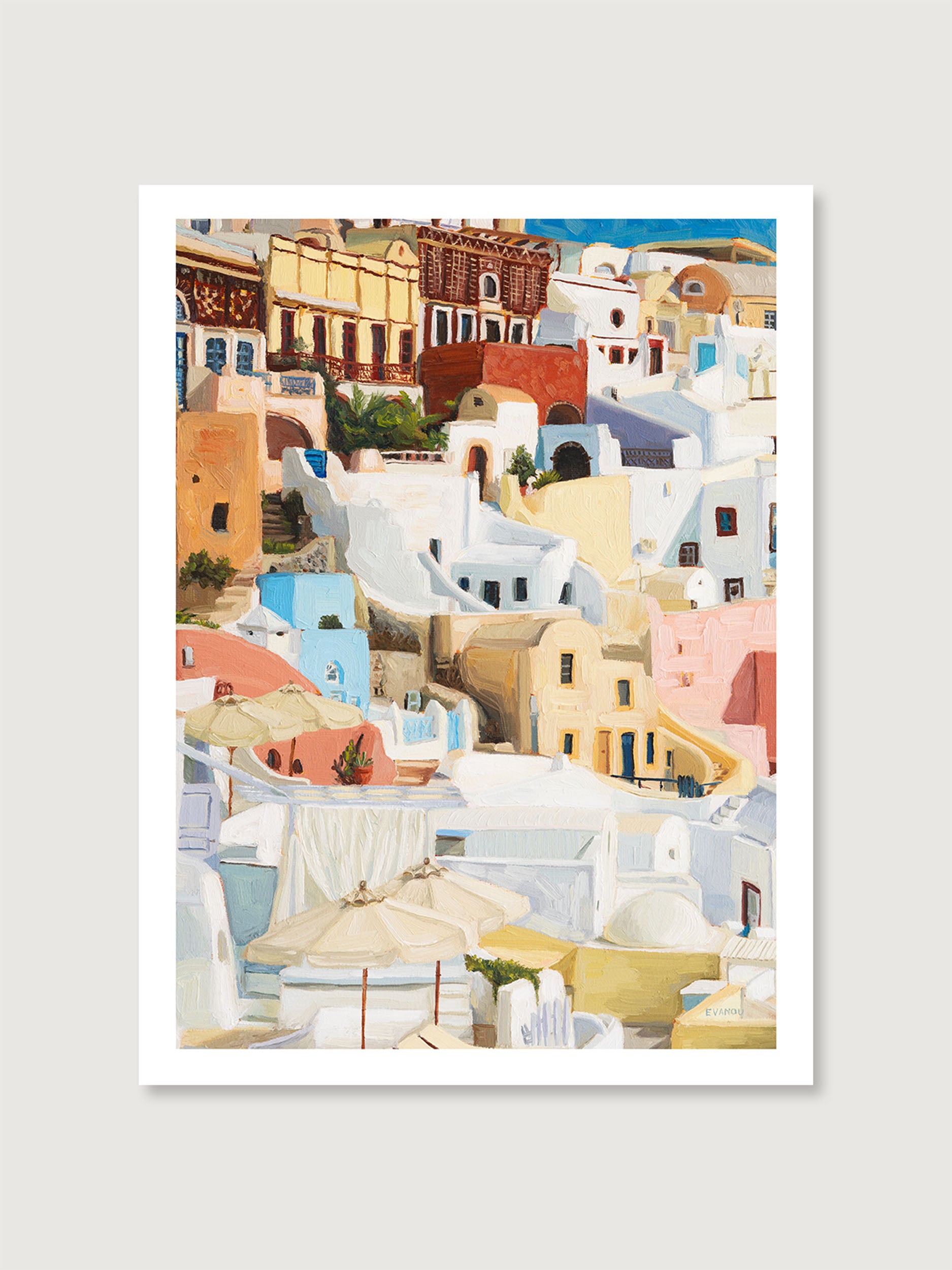 Art print of the original oil painting "Santorini I"&nbsp;showcasing the iconic architecture of Santorini island.&nbsp;Featuring the island’s&nbsp;picturesque scenery, this art print would be like a mini-vacation on your wall.&nbsp;A perfect addition for anyone who loves travel and fine art.