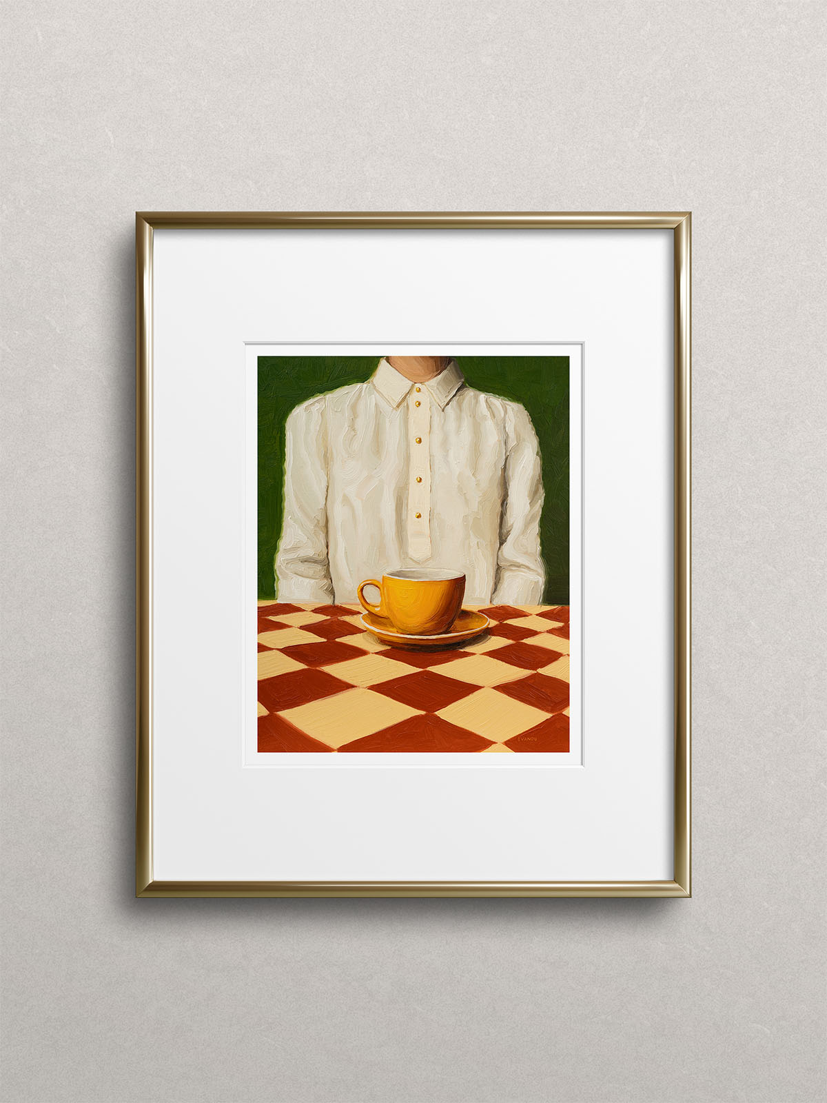 Art print of the original oil painting “A Cup of Quiet” that captures a moment of everyday life. This artwork showcases a woman dressed in a silk shirt, seated peacefully in front of an orange cup of coffee, placed on a checkered table. "A Cup of Quiet" is a window into an ordinary moment of life, frozen in time. Let this artwork serve as a daily invitation to pause, reflect, and relish in the quietude of life.