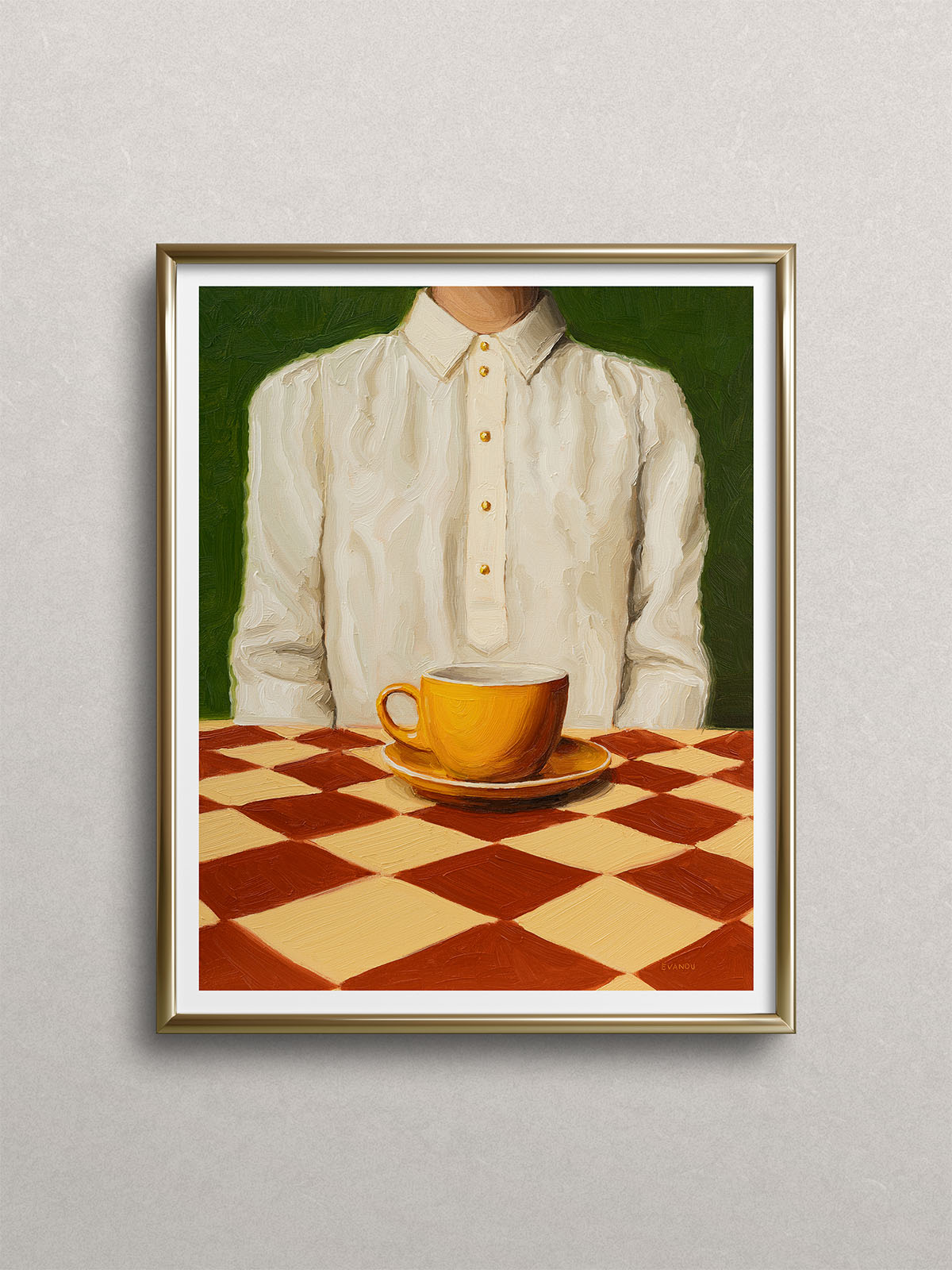 Art print of the original oil painting “A Cup of Quiet” that captures a moment of everyday life. This artwork showcases a woman dressed in a silk shirt, seated peacefully in front of an orange cup of coffee, placed on a checkered table. "A Cup of Quiet" is a window into an ordinary moment of life, frozen in time. Let this artwork serve as a daily invitation to pause, reflect, and relish in the quietude of life.