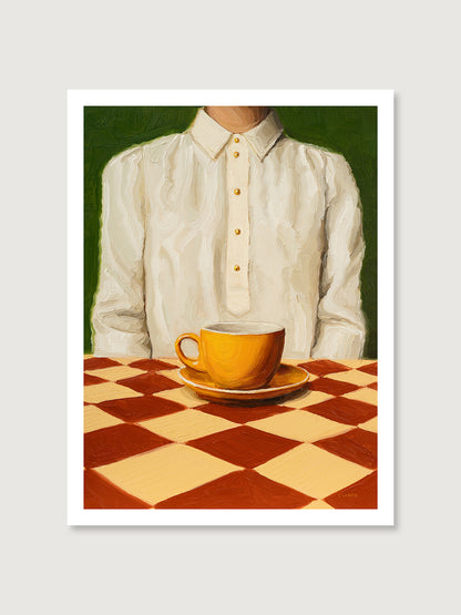 Art print of the original oil painting “A Cup of Quiet” that captures a moment of everyday life. This artwork showcases a woman dressed in a silk shirt, seated peacefully in front of an orange cup of coffee, placed on a checkered table. "A Cup of Quiet" is a window into an ordinary moment of life, frozen in time. Let this artwork serve as a daily invitation to pause, reflect, and relish in the quietude of life.