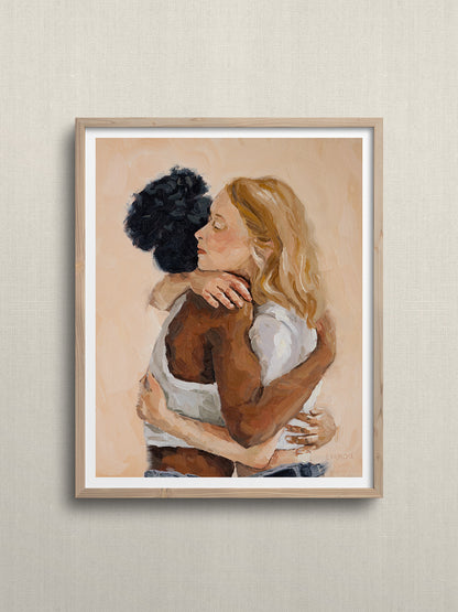 Friendship art featuring two women hugging