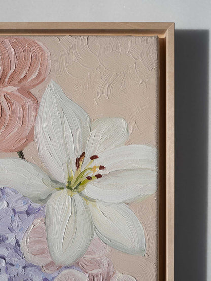 closeup of the framed flower oil painting