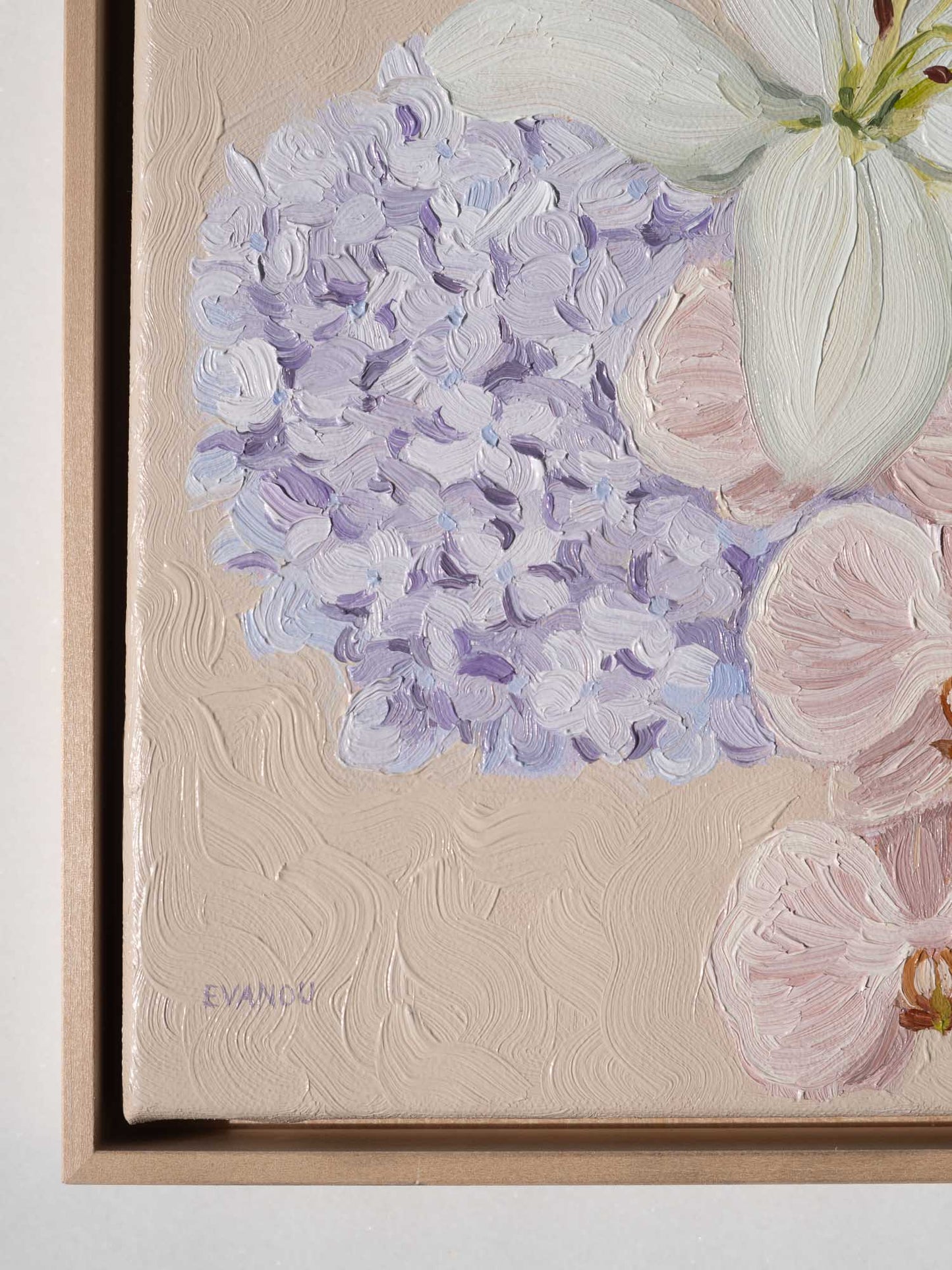 closeup of the framed flower oil painting