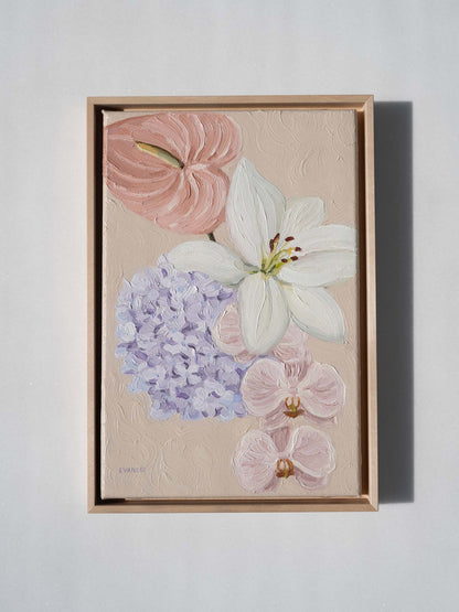 framed flower oil painting featuring anthurium, lily, hydrangea and orchid 