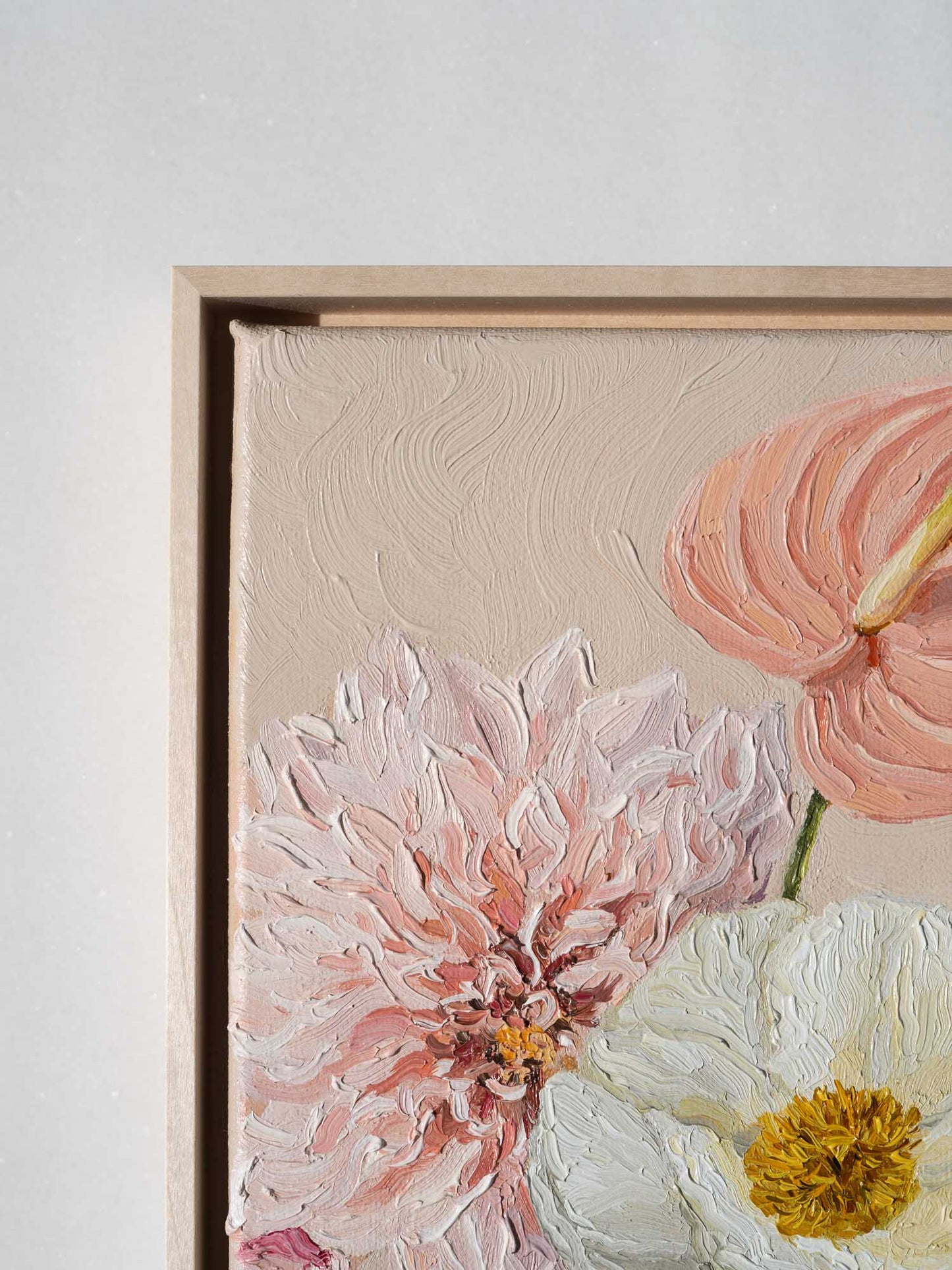 Original flower oil painting in pastel colors, featuring Anthurium, Dahlia and Magnolia