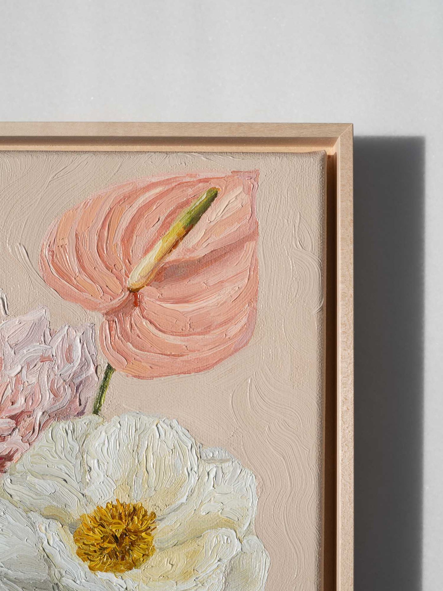 Original flower oil painting in pastel colors, featuring Anthurium, Dahlia and Magnolia