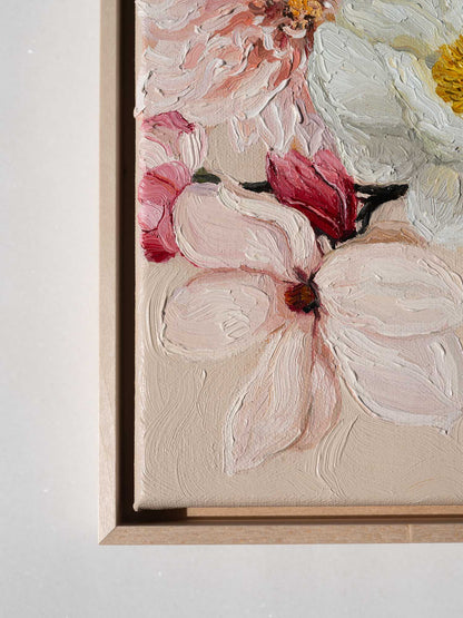 Original flower oil painting in pastel colors, featuring Anthurium, Dahlia and Magnolia