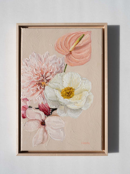 Framed flower oil painting in pastel colors, featuring Anthurium, Dahlia and Magnolia