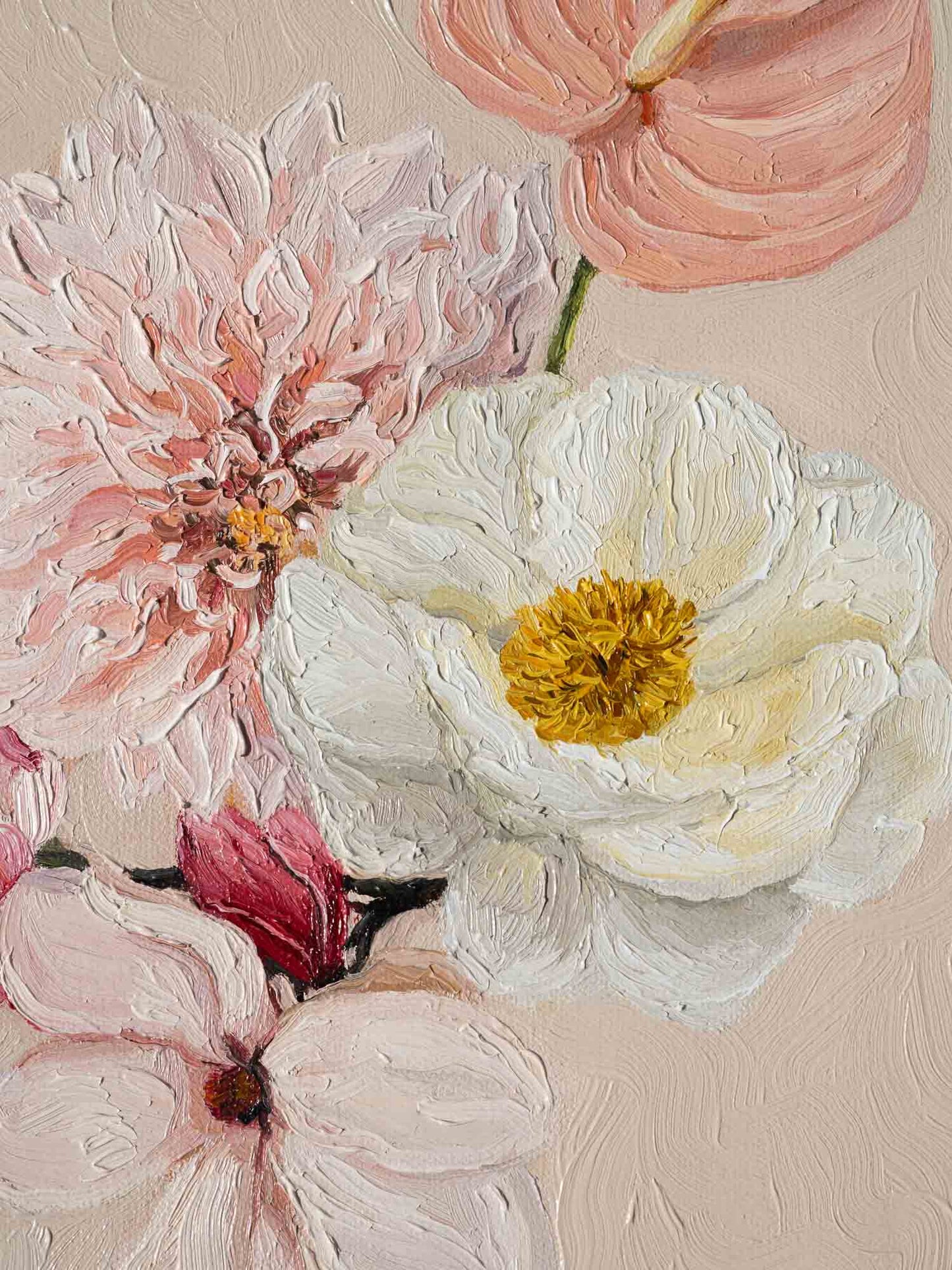 Original flower oil painting in pastel colors, featuring Anthurium, Dahlia and Magnolia