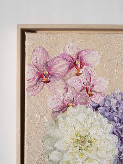 Original flower oil painting in pastel colors, featuring Orchid, Dahlia, Hydrangea and Magnolia