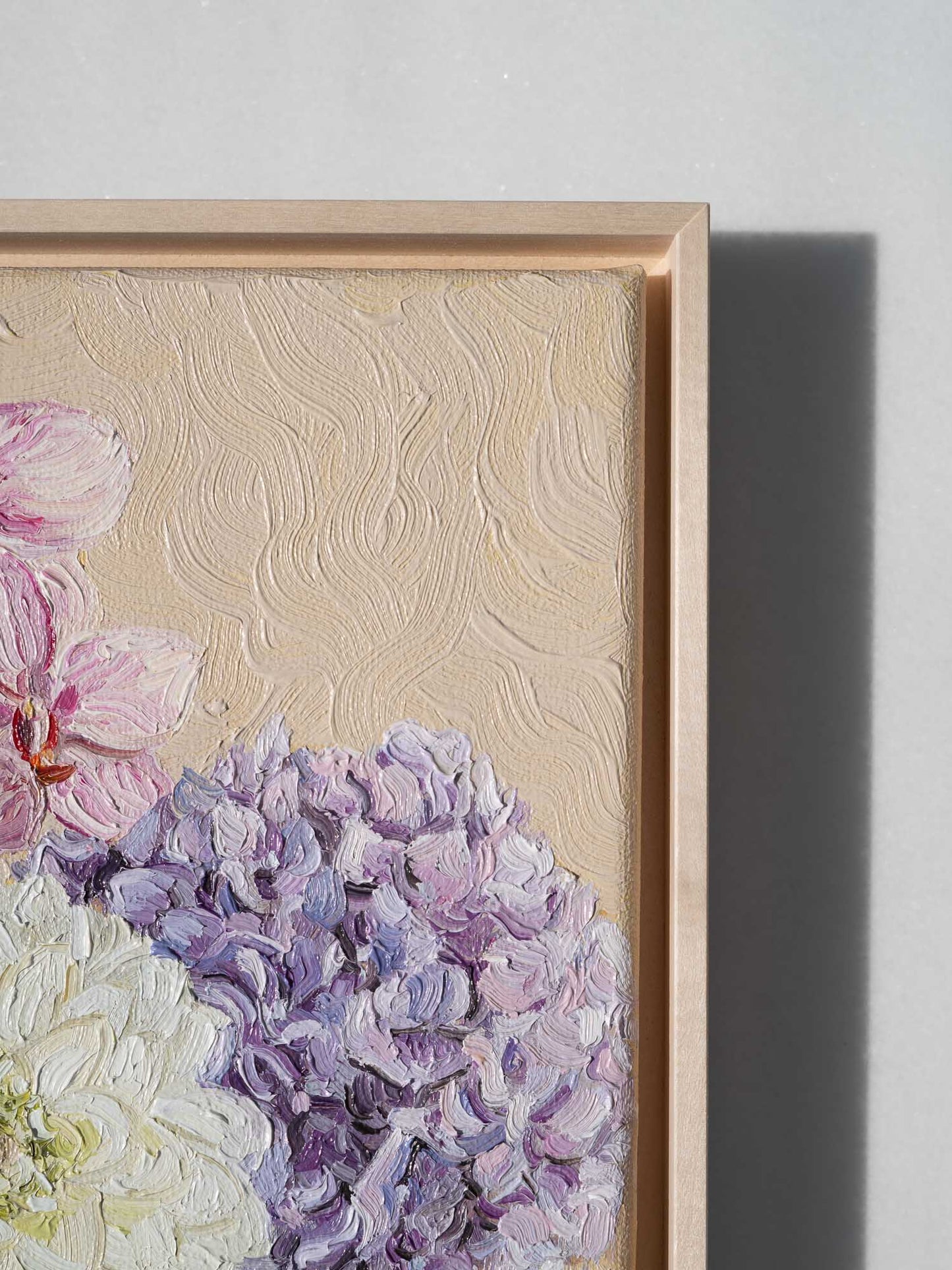 Original flower oil painting in pastel colors, featuring Orchid, Dahlia, Hydrangea and Magnolia