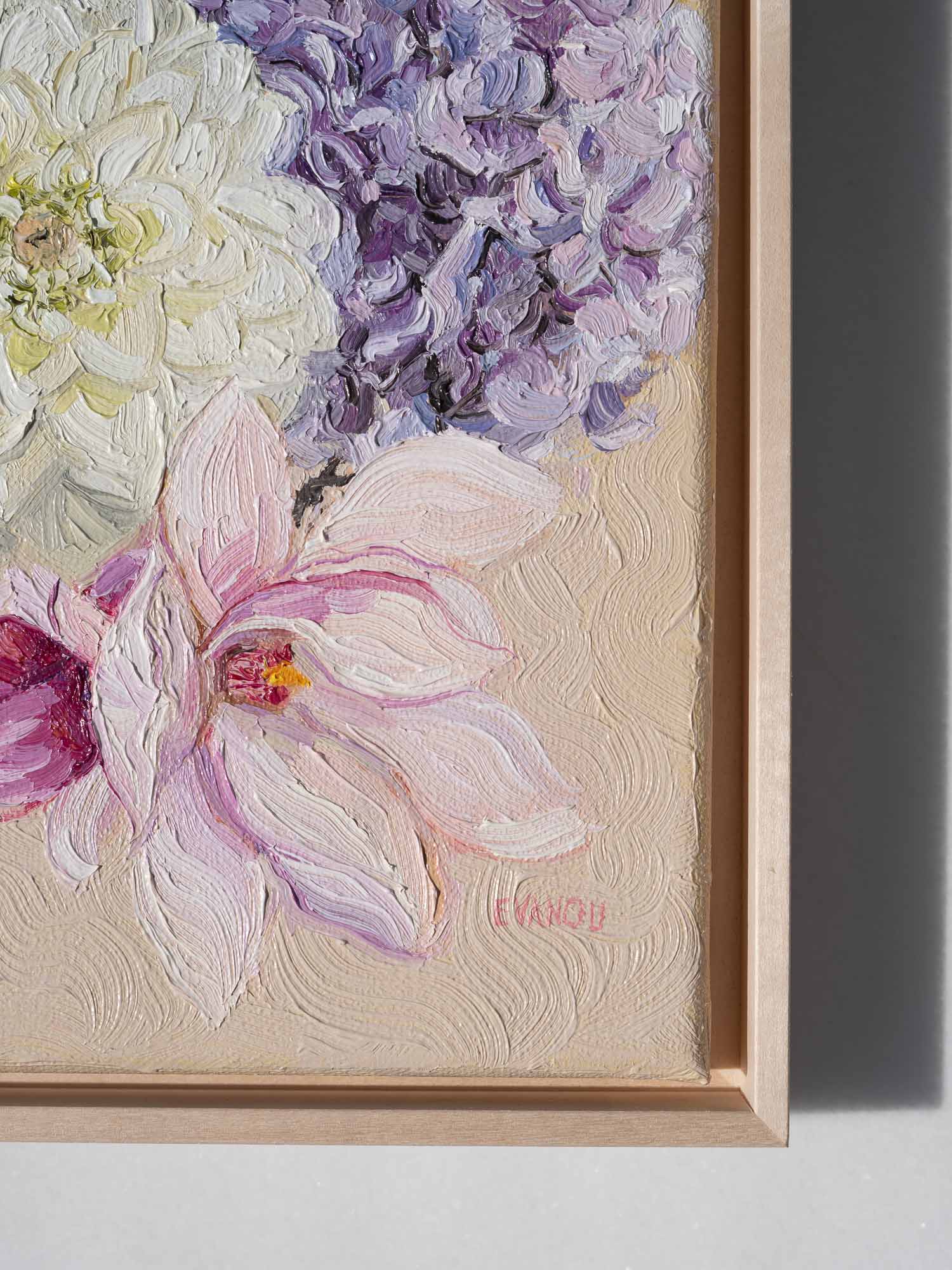 Original flower oil painting in pastel colors, featuring Orchid, Dahlia, Hydrangea and Magnolia