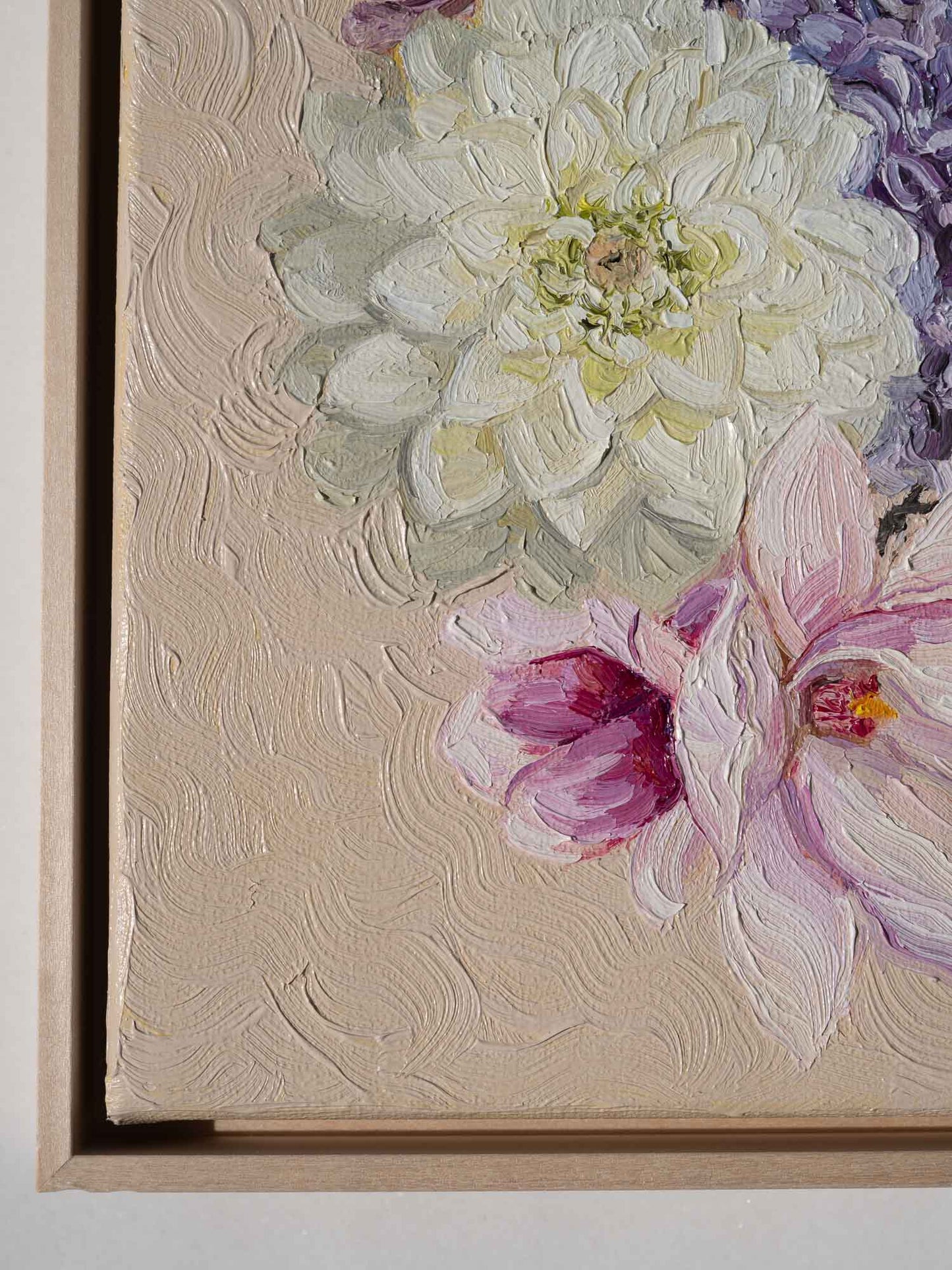 Original flower oil painting in pastel colors, featuring Orchid, Dahlia, Hydrangea and Magnolia