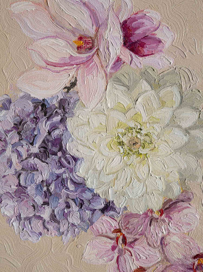 Original flower oil painting in pastel colors, featuring Orchid, Dahlia, Hydrangea and Magnolia