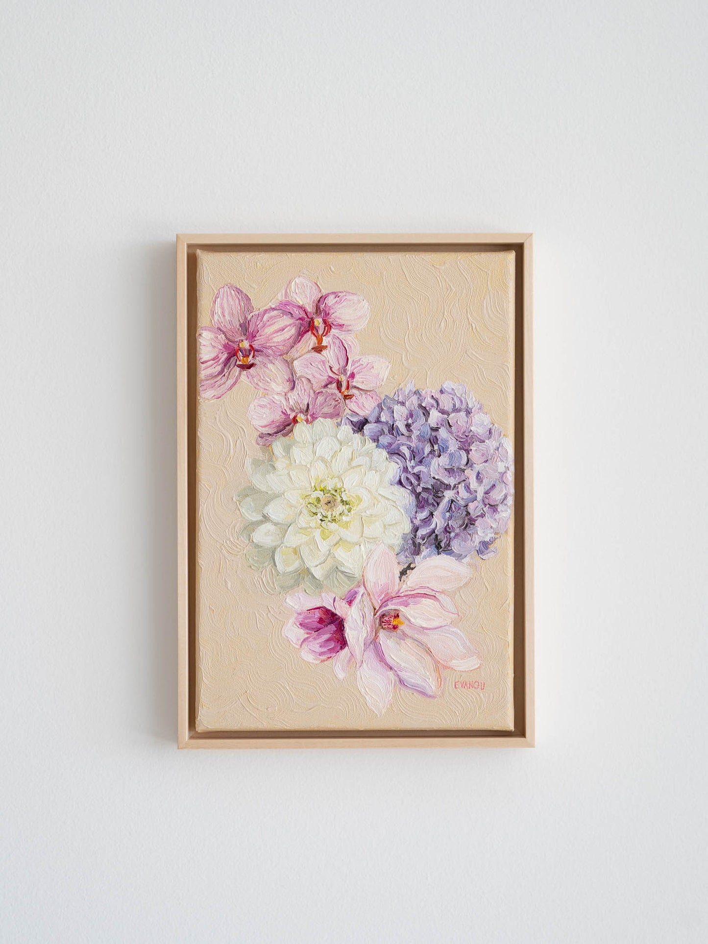 Original flower oil painting in pastel colors, featuring Orchid, Dahlia, Hydrangea and Magnolia