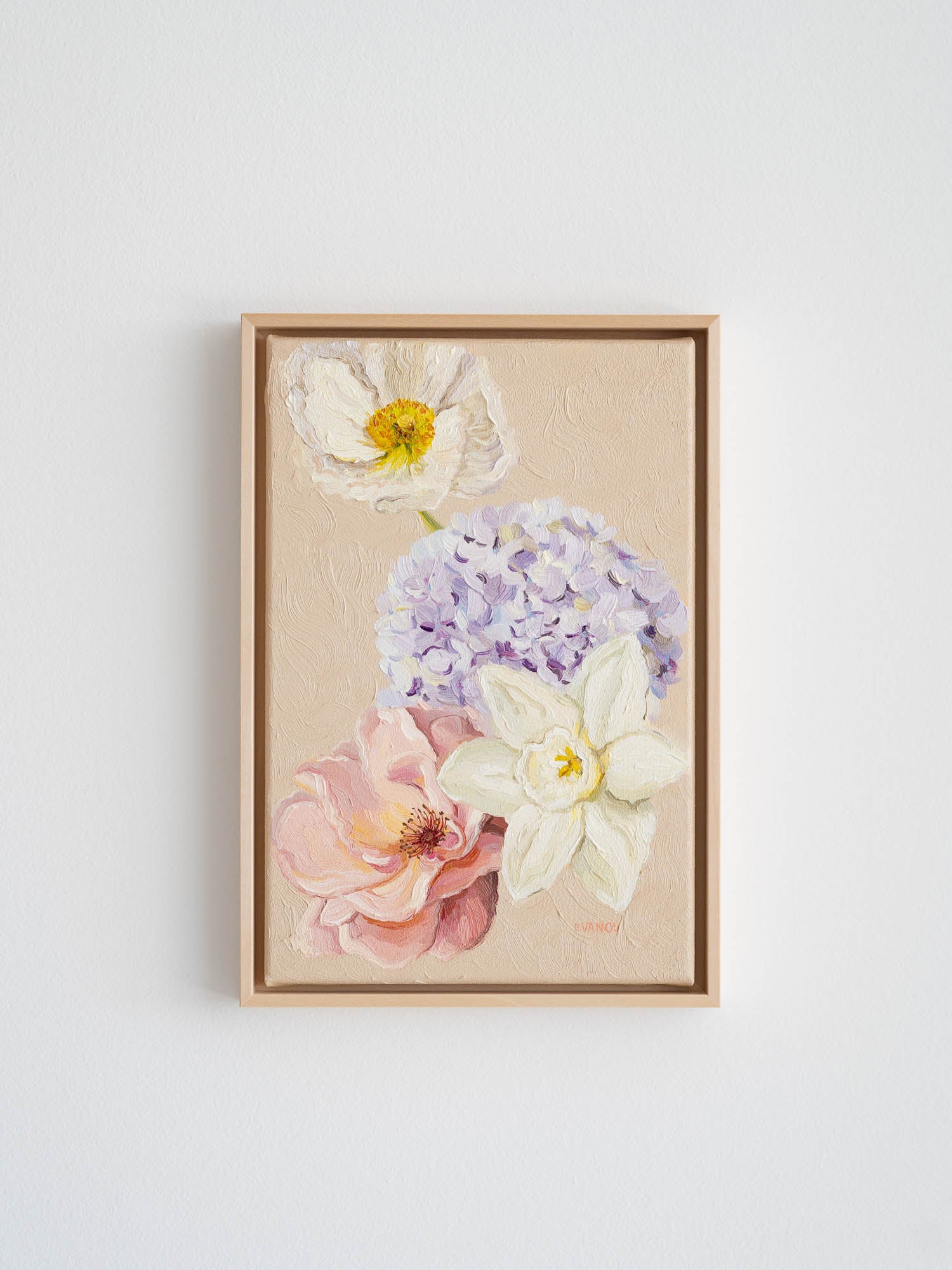 Framed flower oil painting in pastel colors