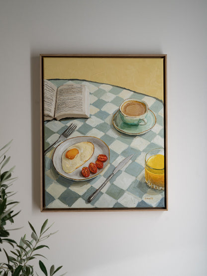 Original oil painting of breakfast table, Fine art of morning coffee scene