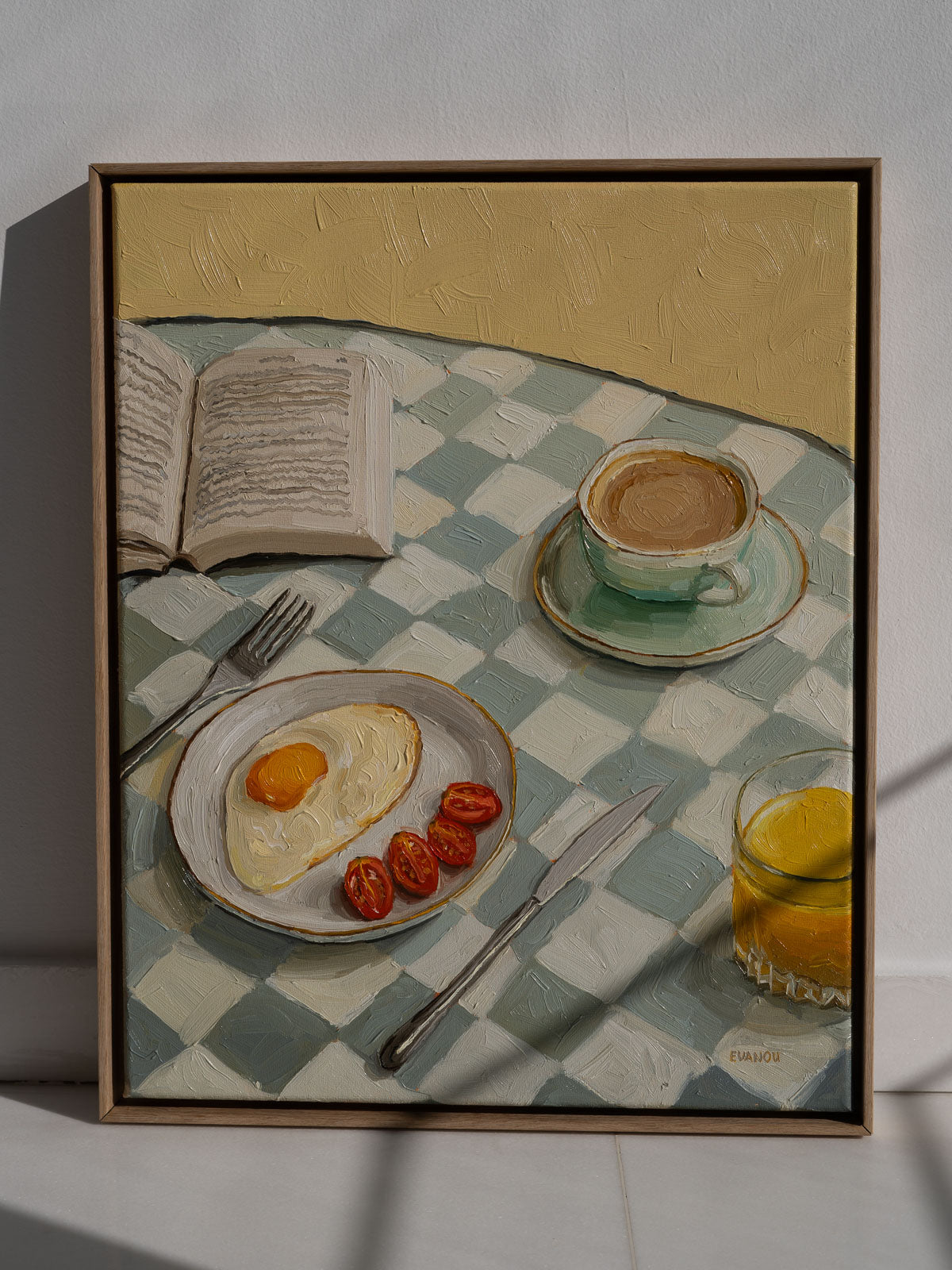 Artwork with sunny-side-up egg painting, buy art print with book and breakfast