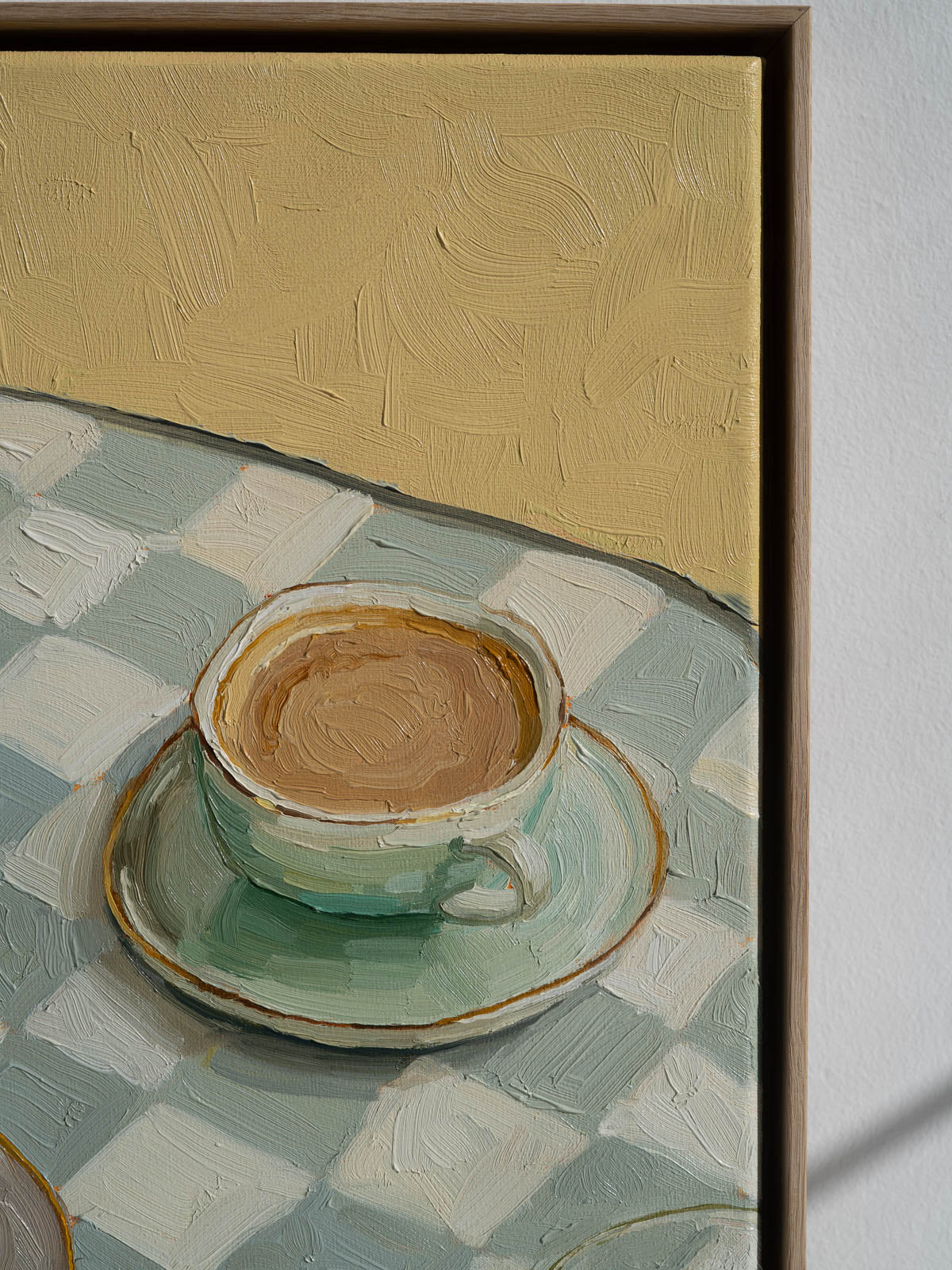 Warm yellow breakfast painting, Coffee painting in warm yellows and grey-blues