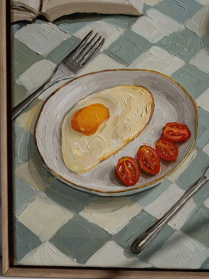 Sunny-side-up egg artwork, Daily simplicity breakfast oil painting, Peaceful breakfast scene in art 