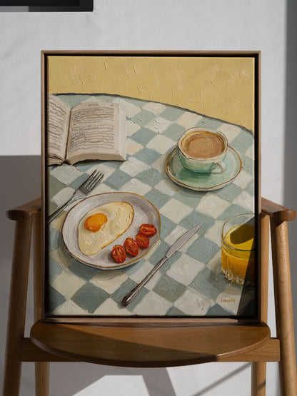 Contemporary art of breakfast and book, Breakfast time oil painting