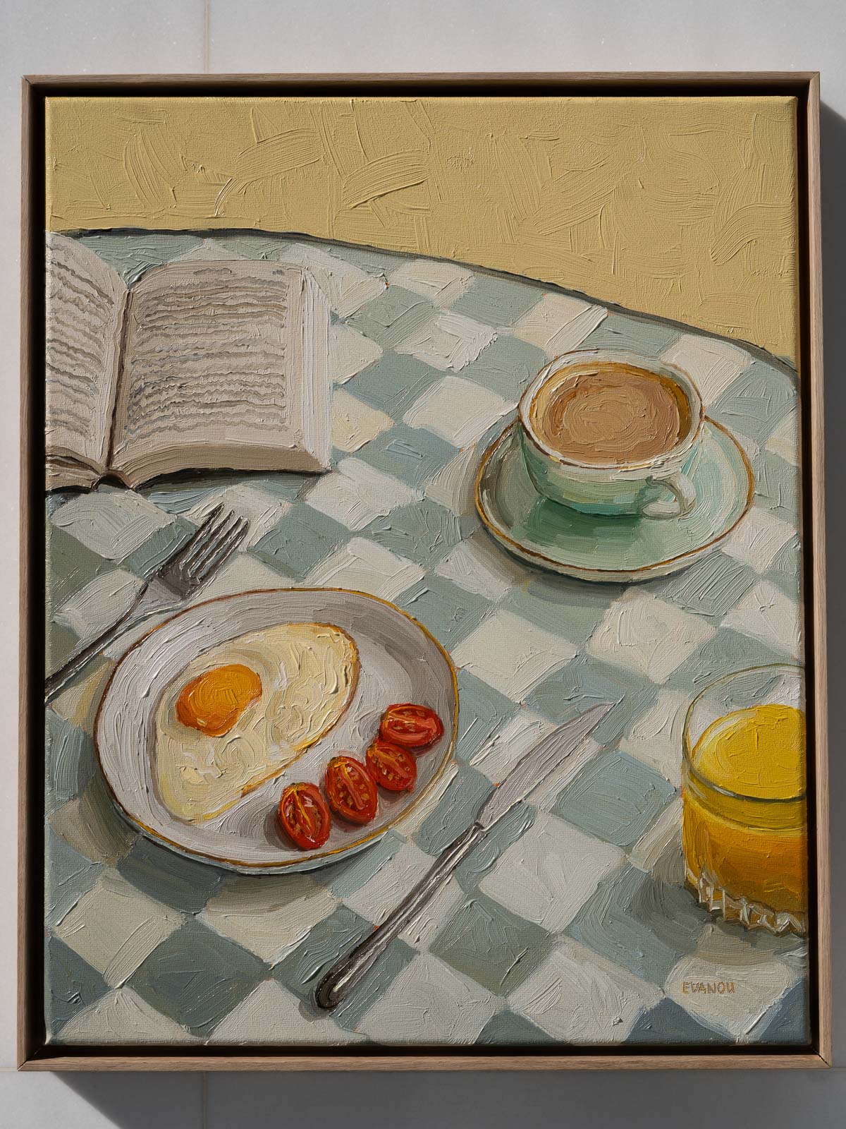 Kitchen art with coffee and eggs, Original oil painting of breakfast table