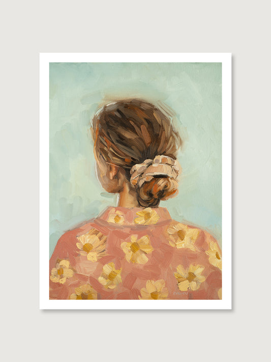 This art print of an original oil painting portrays a woman with her hair tied into a messy bun.