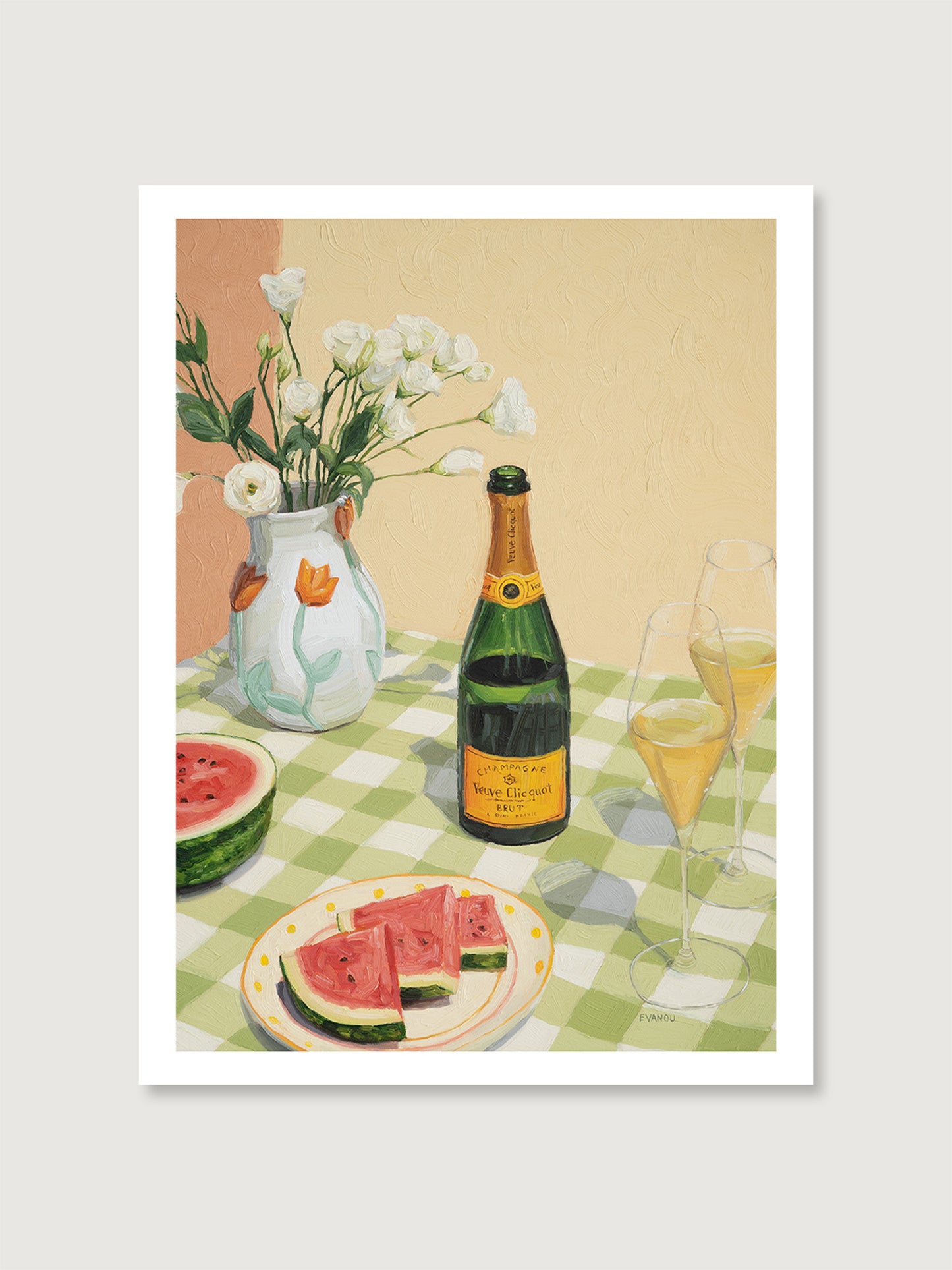 Still life print "Celebrating Summer" featuring a champagne bottle, two glasses, flowers, and watermelon with bold brushstrokes and bright colors.