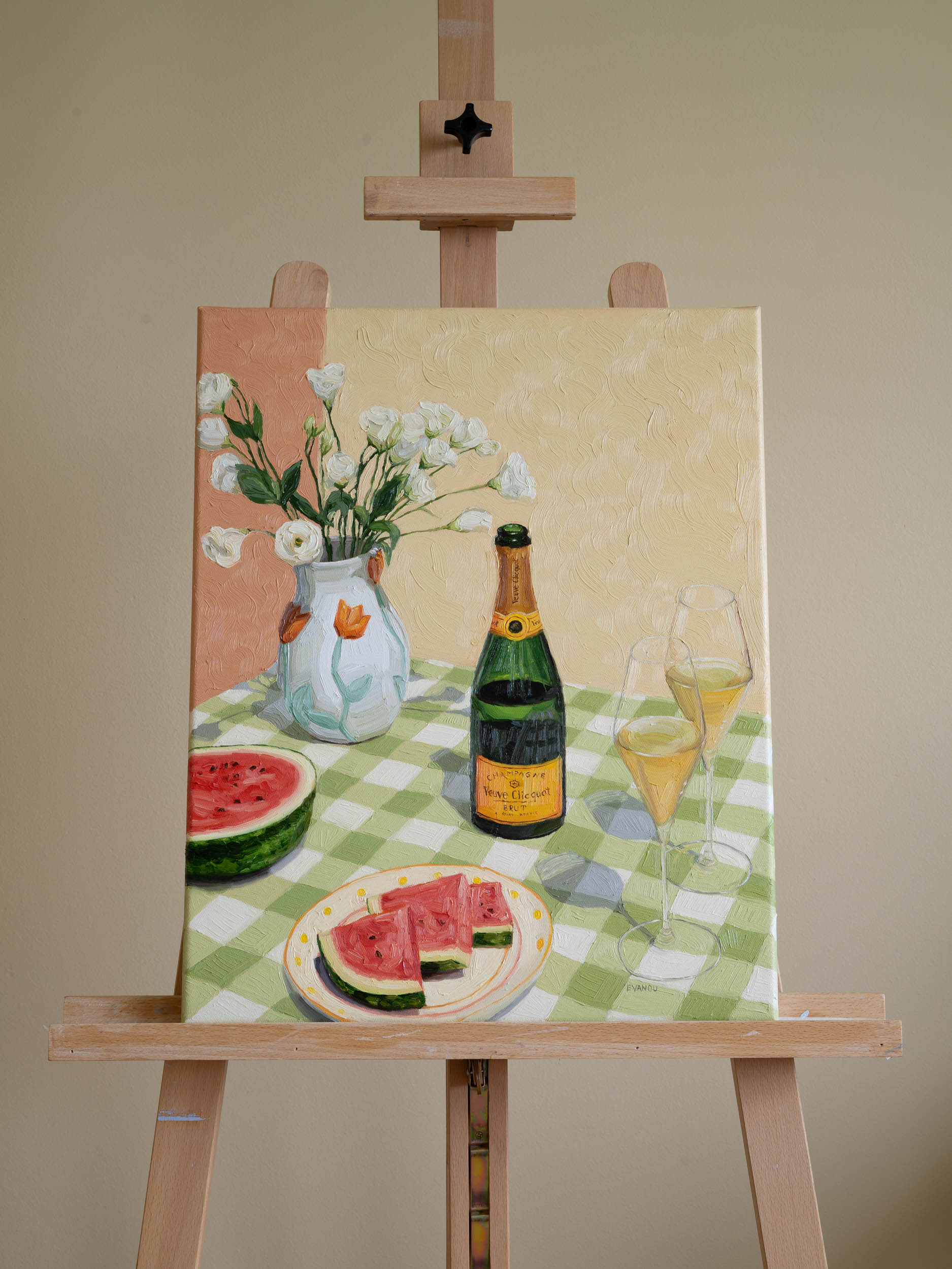 "Celebrating Summer" oil painting with thick brushstrokes depicting a festive still life scene of champagne and flowers.