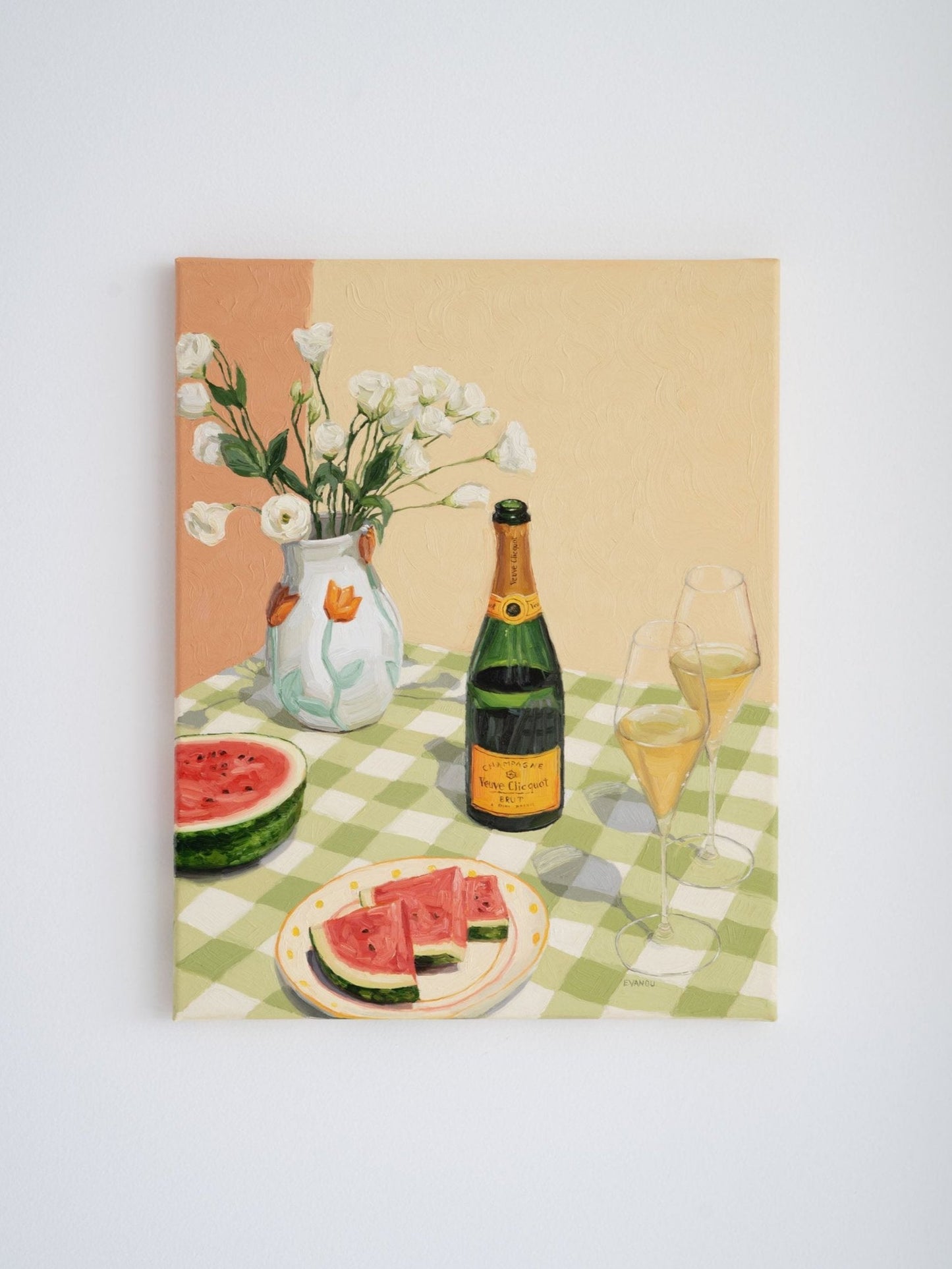 Original oil painting of still life "Celebrating Summer" featuring a champagne bottle, two glasses, flowers, and watermelon , painted with bold brushstrokes and bright colors.