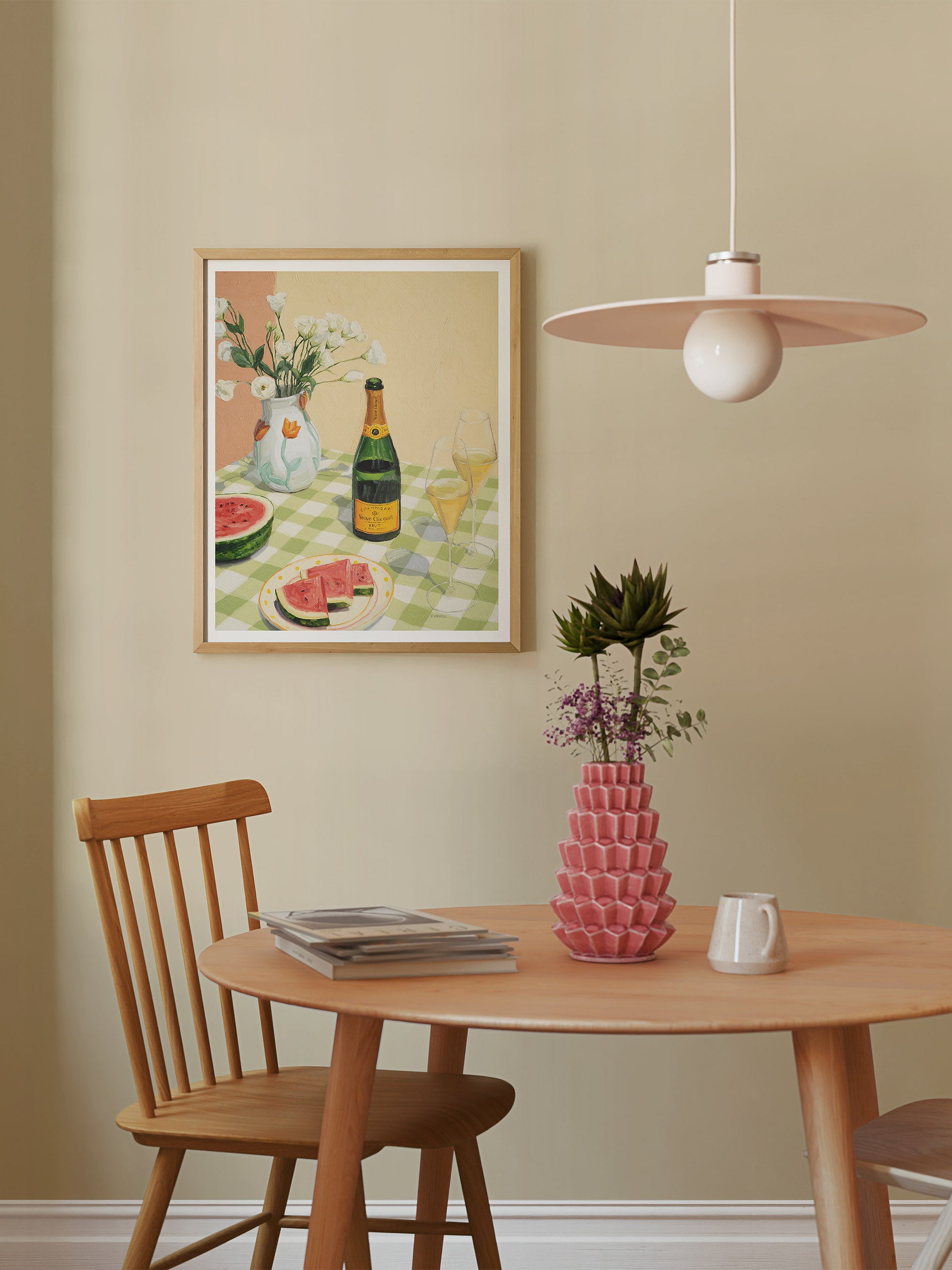 Colorful art print of "Celebrating Summer" with thick brushstrokes depicting a festive still life scene of champagne and flowers.