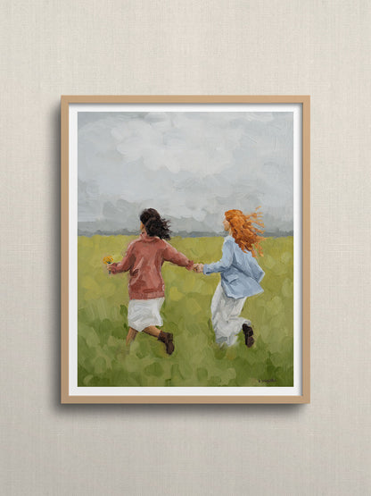 Friendship artwork, two women running together art