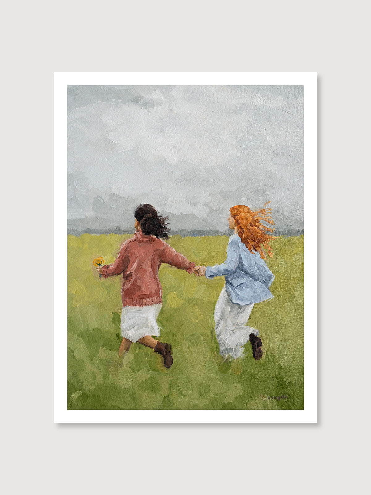 Art print of an original oil painting featuring two women running hand-in-hand through a field, chasing dreams together.