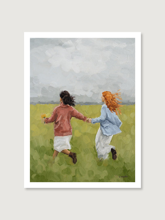 Art print of an original oil painting featuring two women running hand-in-hand through a field, chasing dreams together.