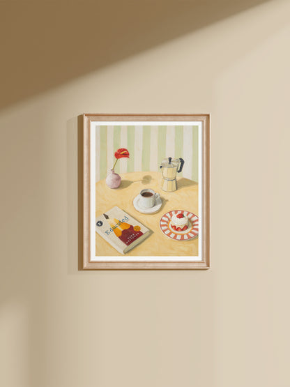 Still life print featuring a cup of coffee, moka pot, strawberry dessert, and a book