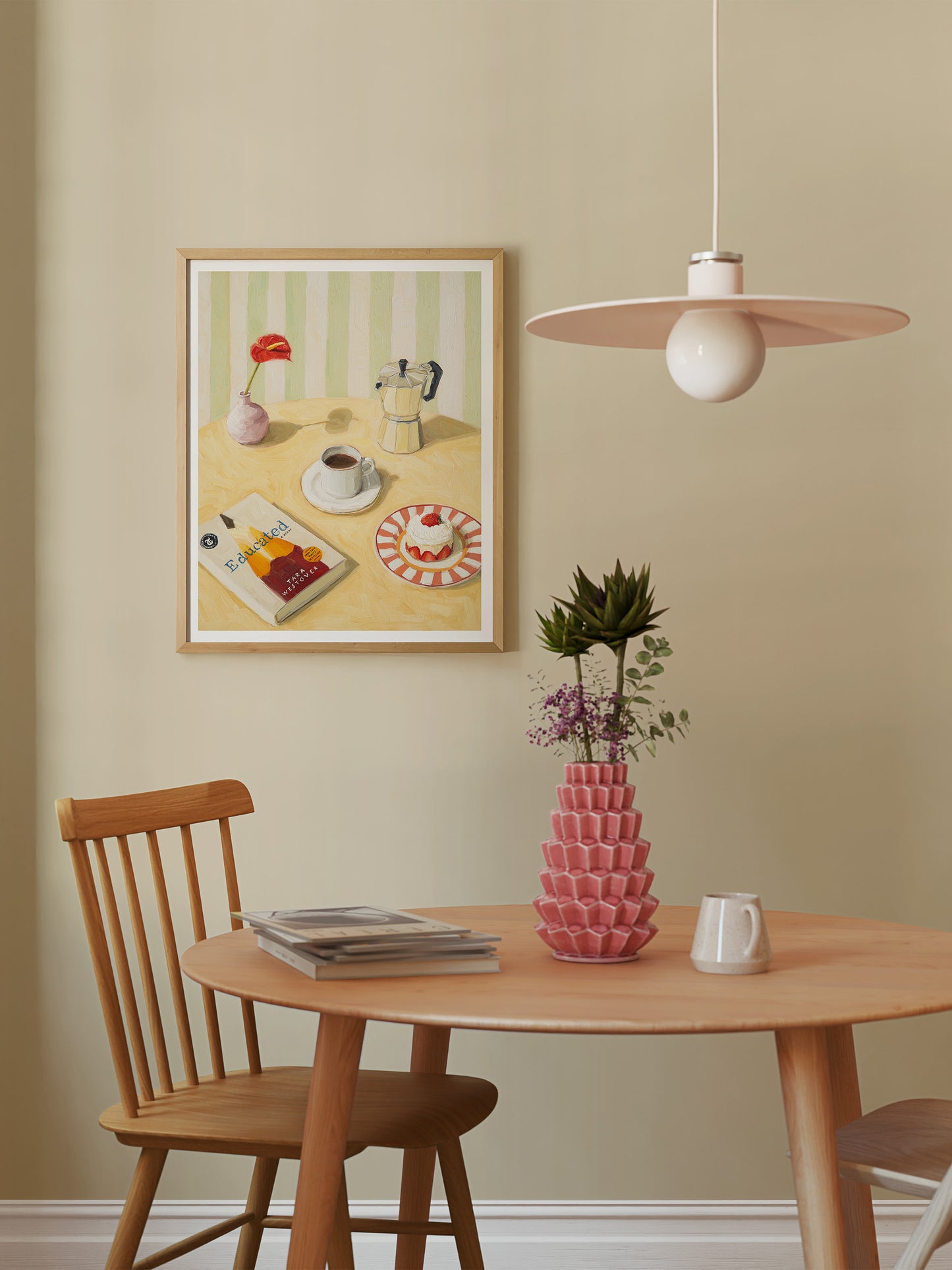 Cozy art print Coffee Break with pastel tones and warm kitchen scene