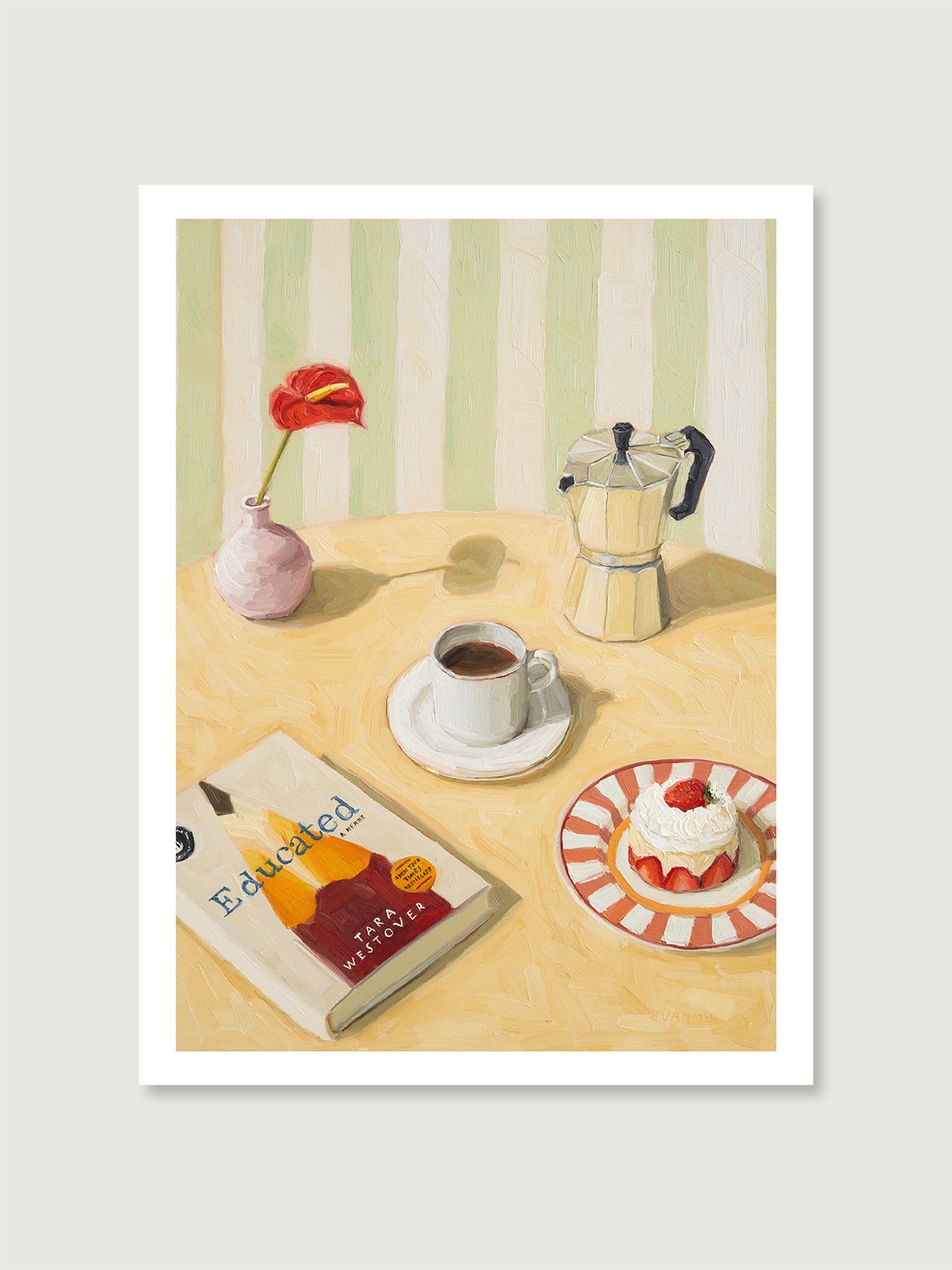 Art print of Coffee Break still life with coffee, moka pot, dessert, and book