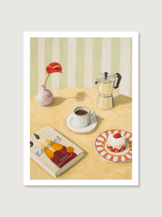 Art print of Coffee Break still life with coffee, moka pot, dessert, and book