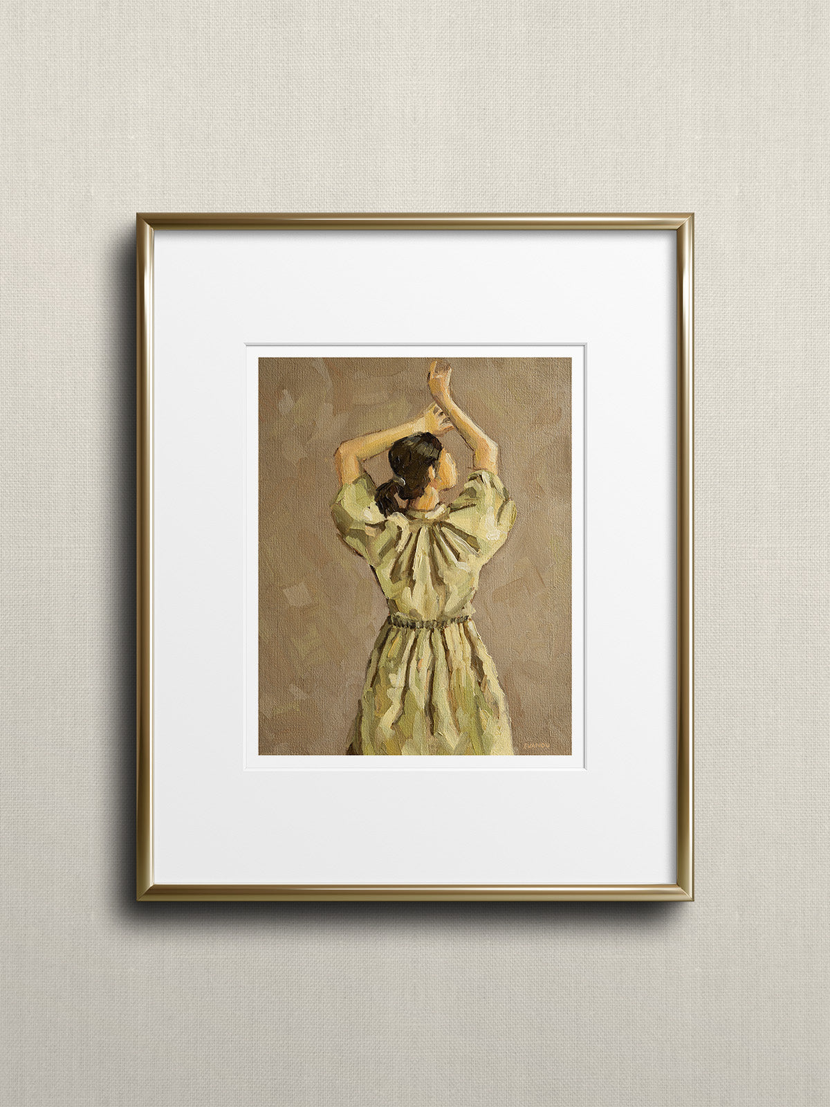 Art print of a the original oil painting picturing a back view of a woman in an olive green dress.