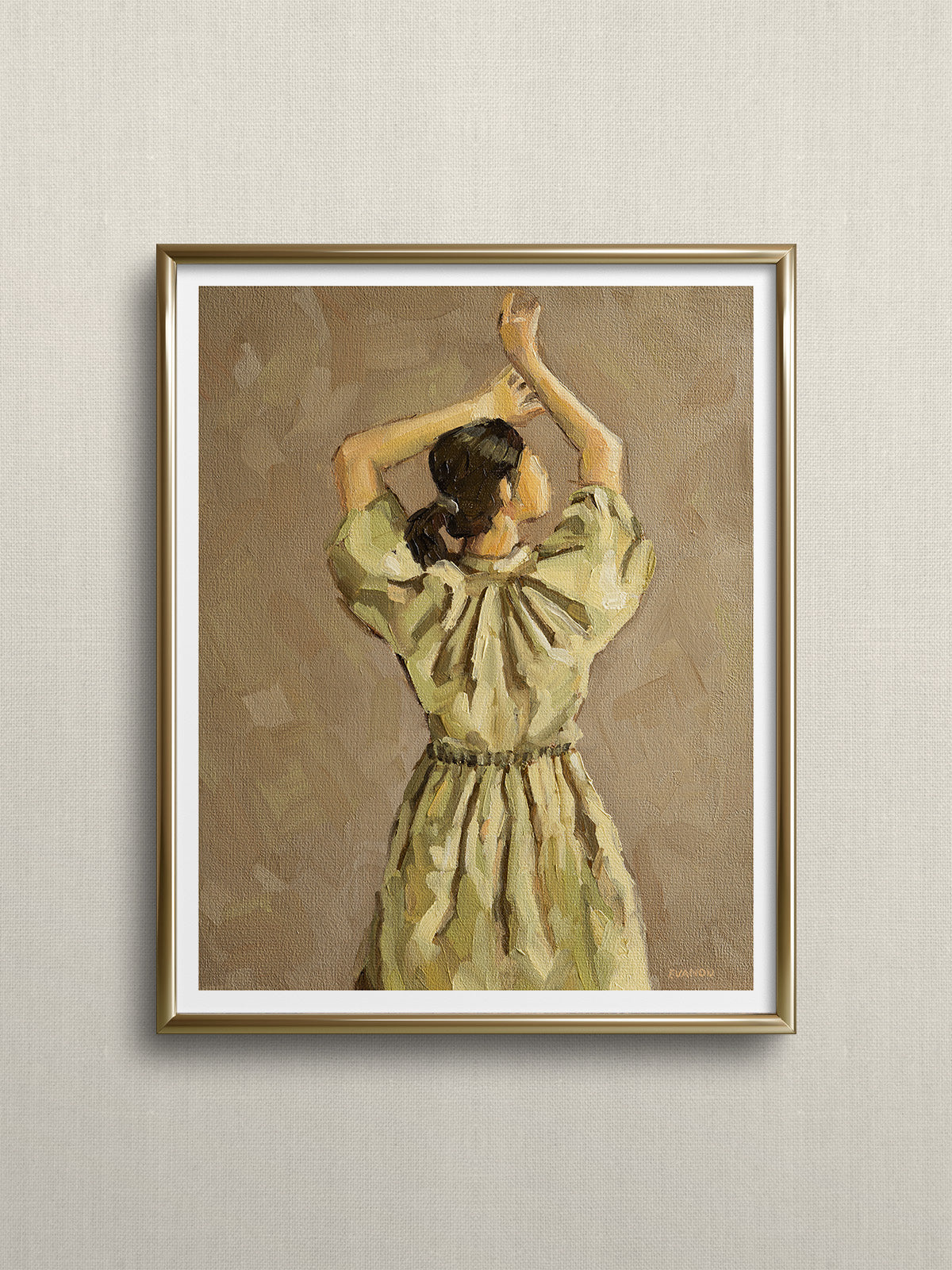 Art print of a the original oil painting picturing a back view of a woman in an olive green dress.