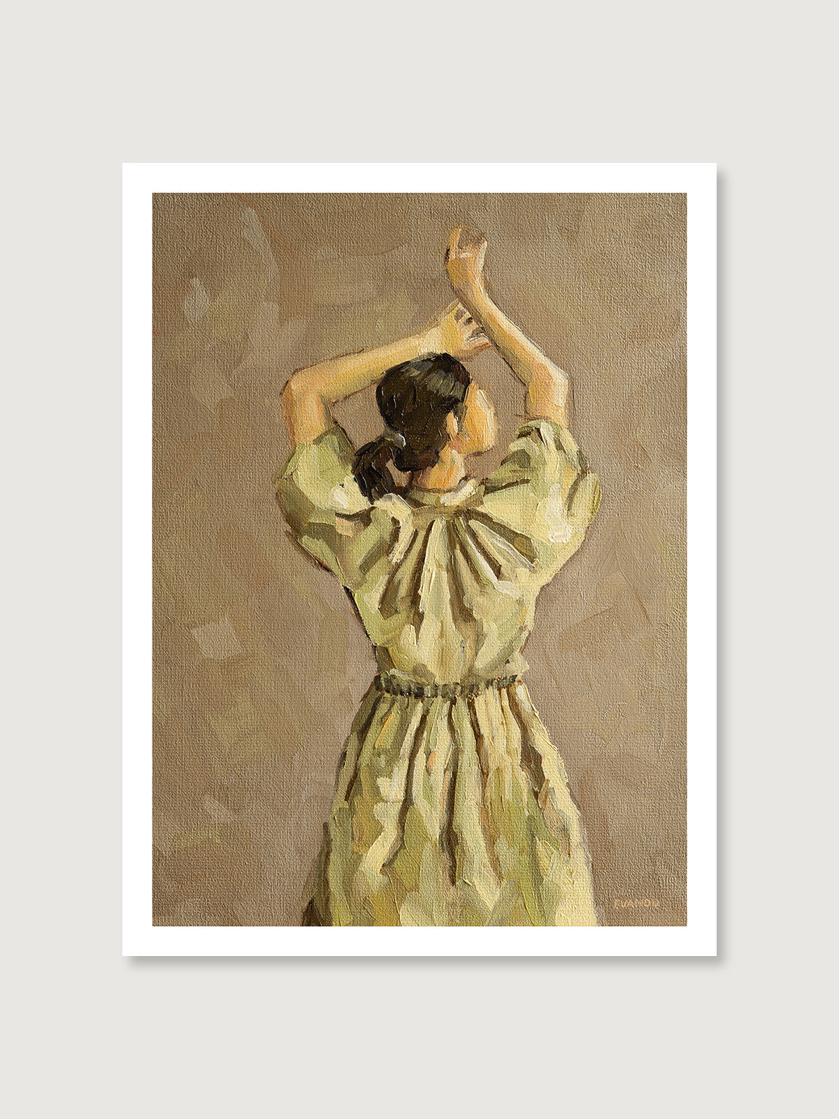 Art print of a the original oil painting picturing a back view of a woman in an olive green dress.