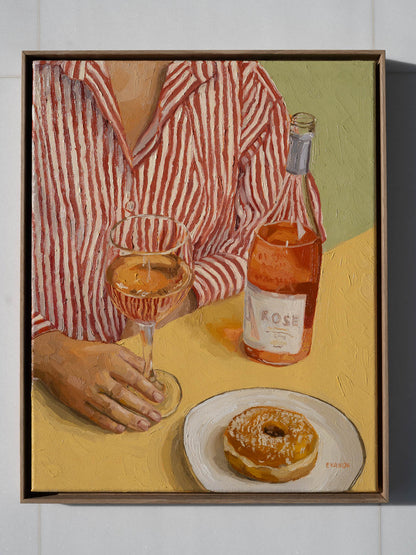 Warm inviting kitchen art, Impressionistic donut and wine painting