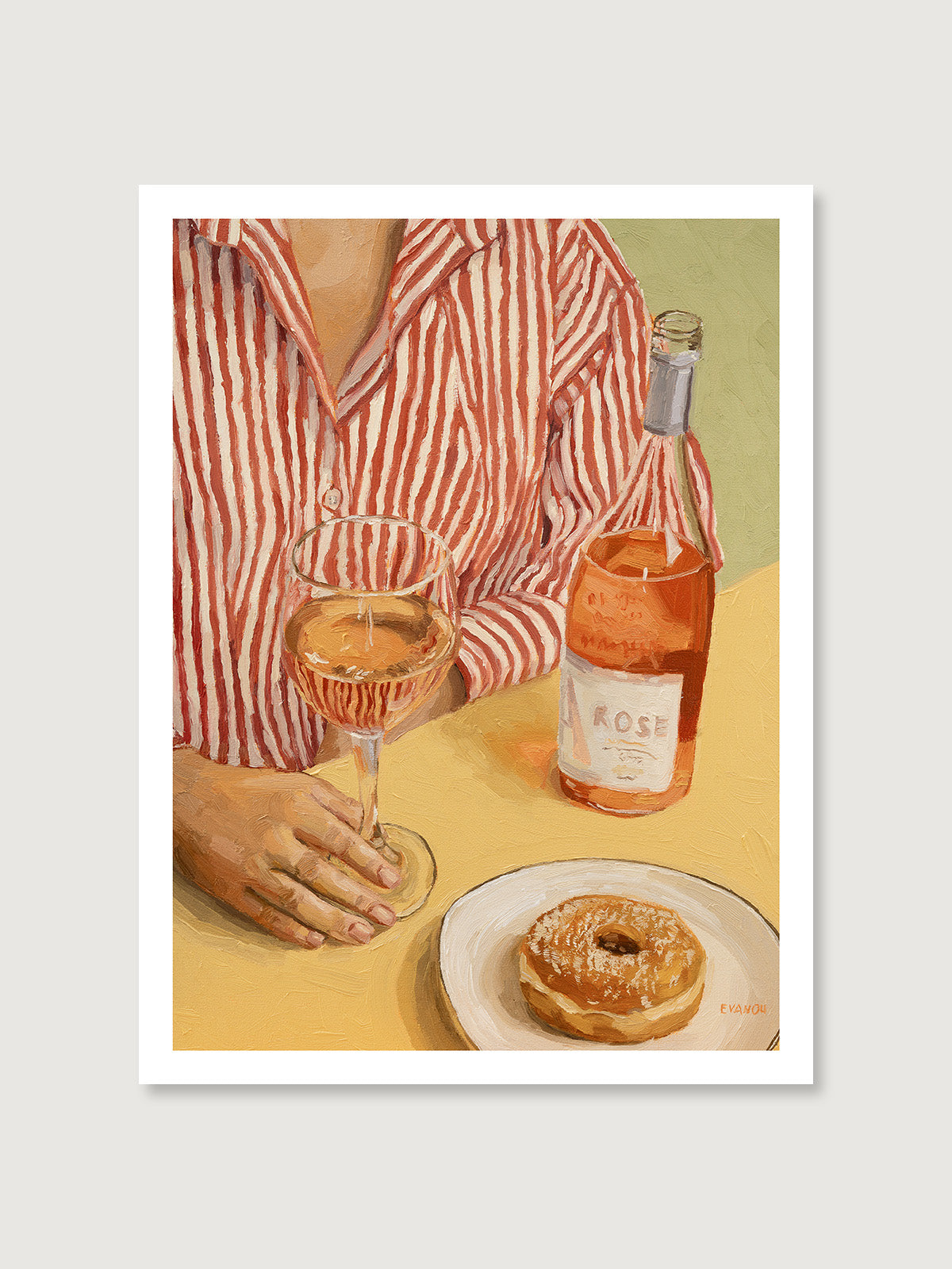 Art print of a woman dressed in a stripy shirt, seated at a table with a glass of Rosé wine and a tempting donut placed on a plate. 