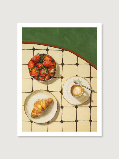 Art print of my original oil painting "Favorite Breakfast" featuring a quiet morning breakfast with strawberries, a croissant, and coffee.