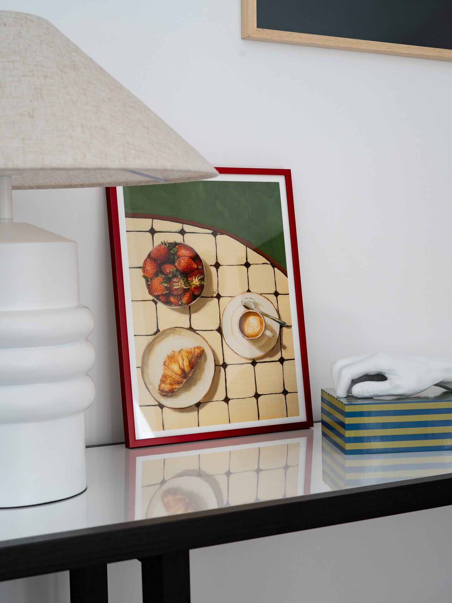 Art print of my original oil painting "Favorite Breakfast" featuring a quiet morning breakfast with strawberries, a croissant, and coffee. 