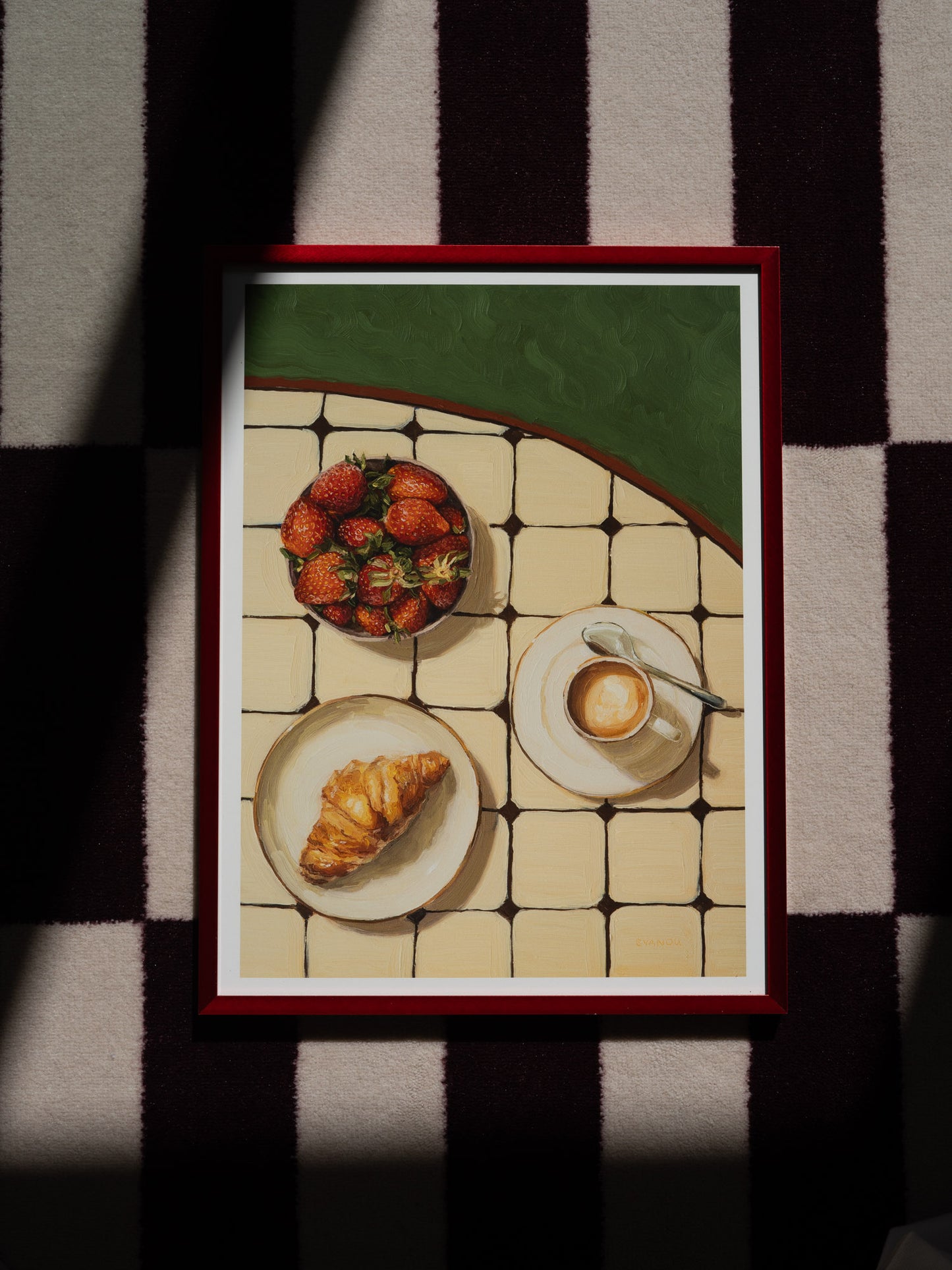 Art print of my original oil painting "Favorite Breakfast" featuring a quiet morning breakfast with strawberries, a croissant, and coffee.