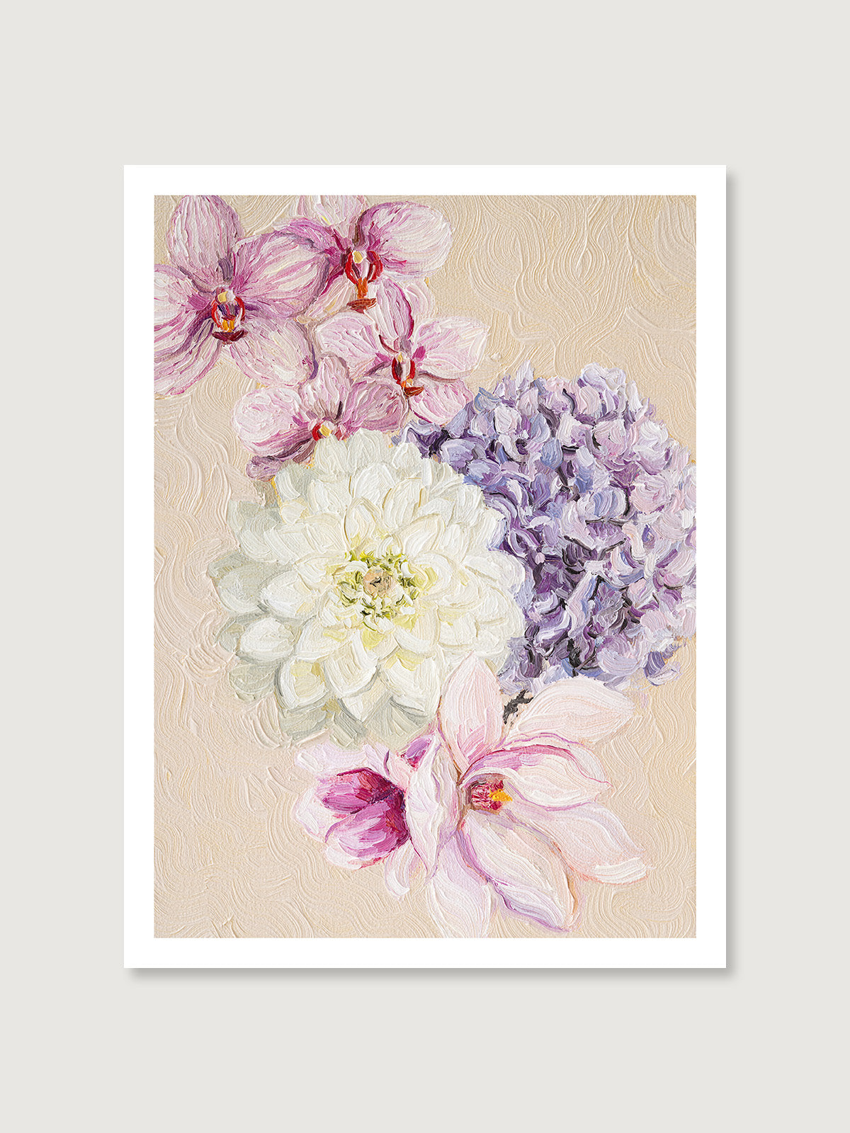 Botanical art print featuring Orchid, Dahlia, Hydrangea and Magnolia