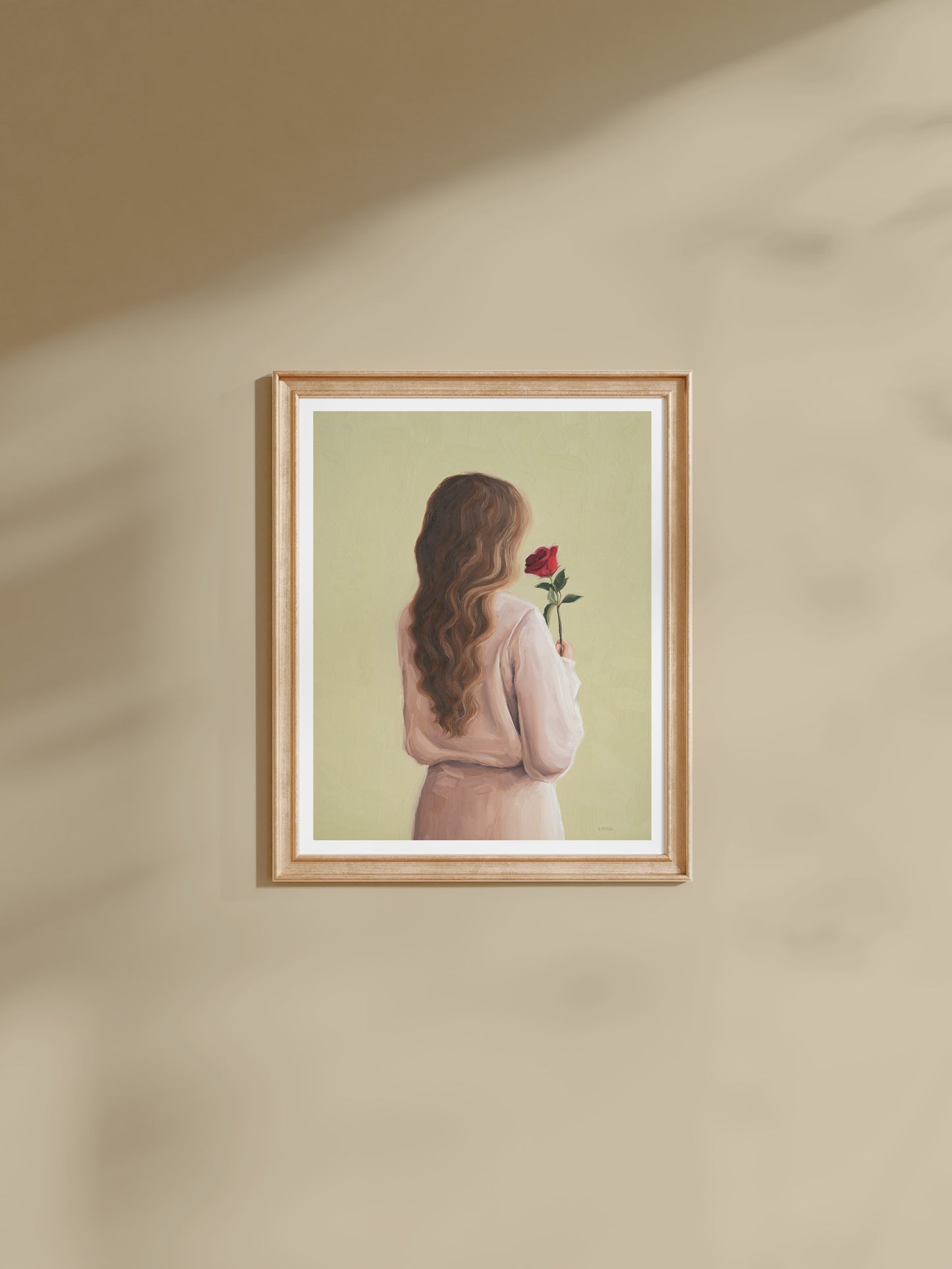 Romantic wall art, a signed open edition art print of "Girl With A Rose", capturing quiet reflection.